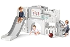 Glaf Toddler Slide 9 in 1 Outdoor Playset Indoor Playground Kids Slides for Toddlers 1-3 Baby Toys with Climber Basketball Hoop Drawing Board and Storage Space (Grey)