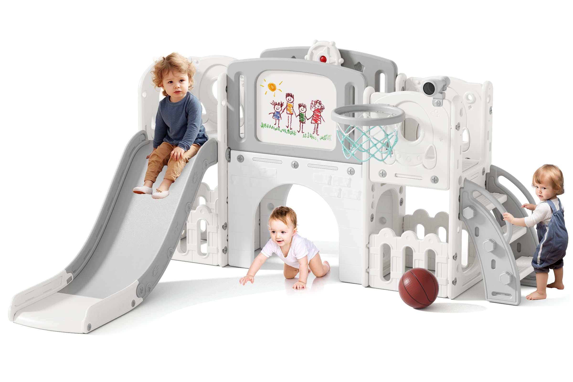 Glaf Toddler Slide 9 in 1 Outdoor Playset Indoor Playground Kids Slides for Toddlers 1-3 Baby Toys with Climber Basketball Hoop Drawing Board and