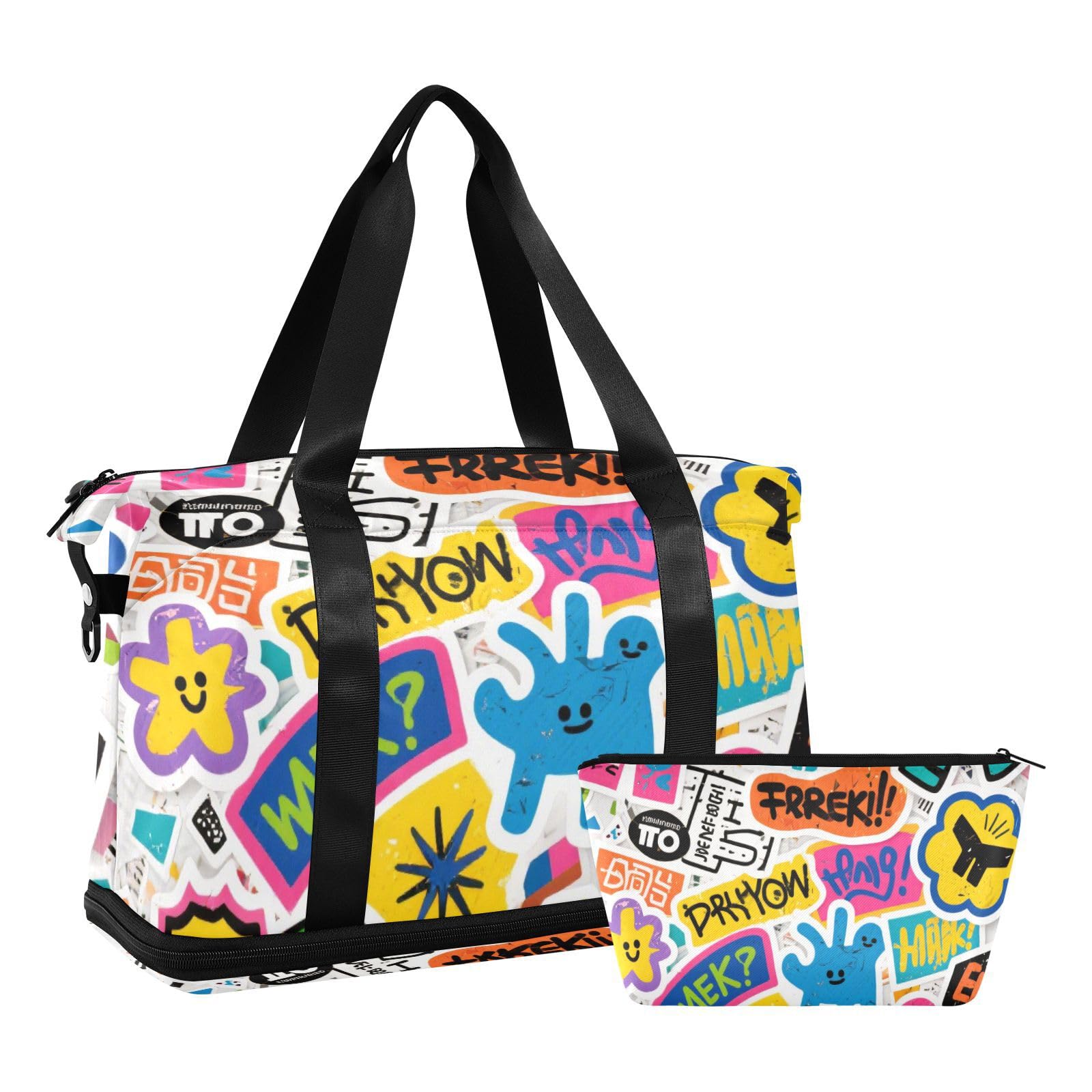 Bolsa de viaje de gran tamaño de graffiti de dibujos animados con bolsillo húmedo, correa ajustable, bolsa de entrenamiento deportivo para yoga, multifuncional para hombres y mujeres