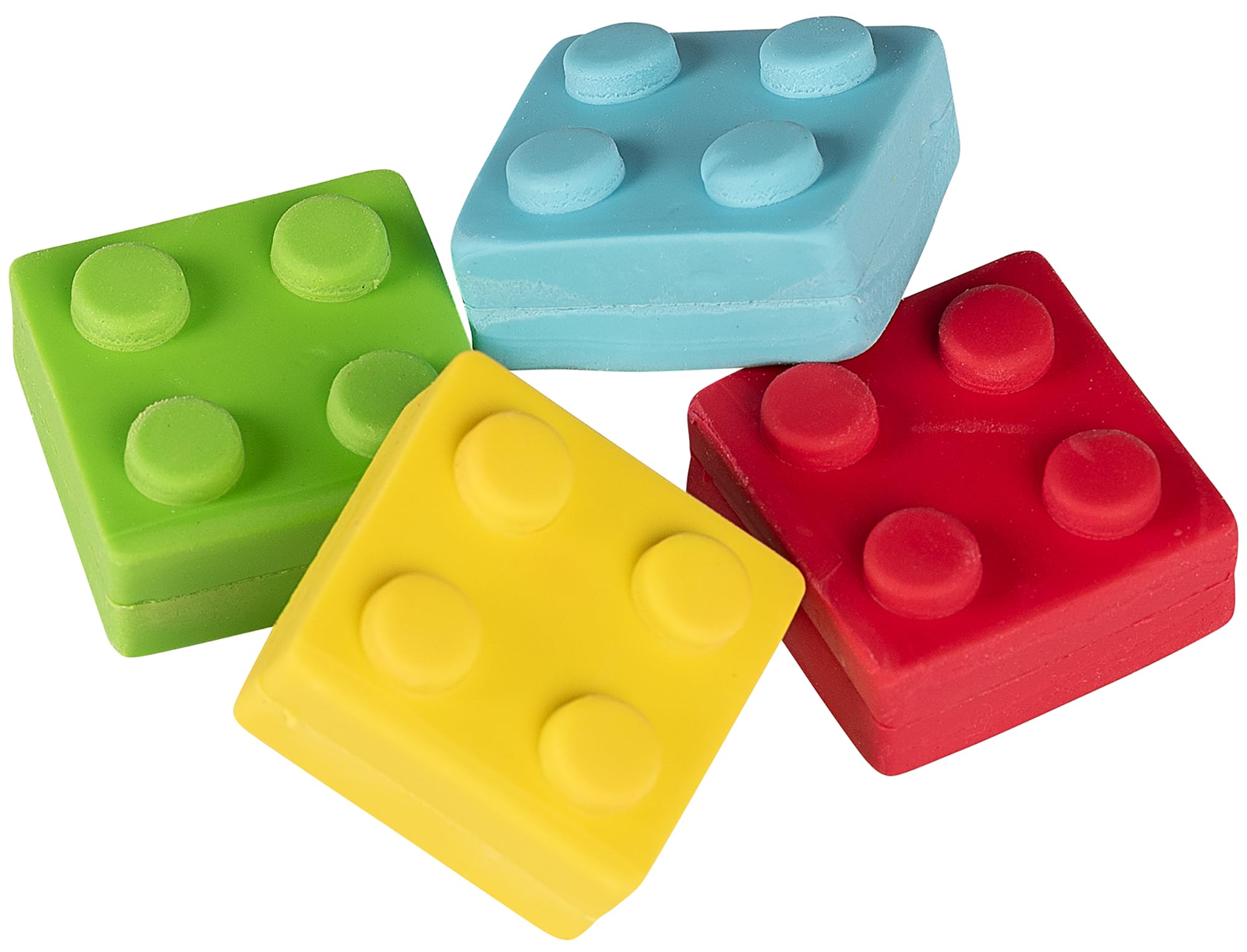 WEDO Bricky - Set di 4 gomme da cancellare a forma di mattoncini (rosso, blu, giallo, verde), plastica, senza PVC, ftalati e lattice, circa 2,5 x 2,5 x 1,3 cm