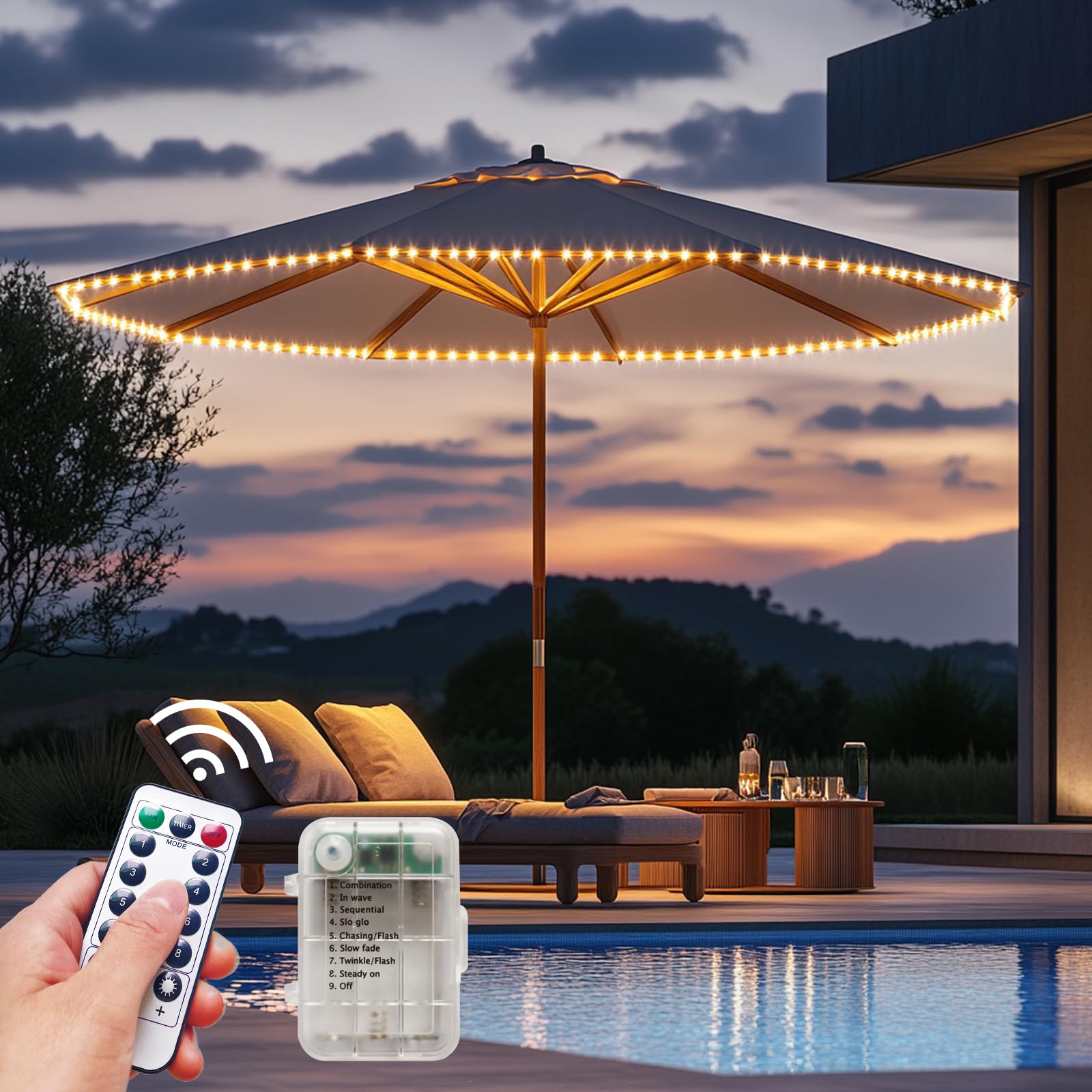 Luces LED inalámbricas para sombrilla de patio con control remoto, funciona con pilas, impermeable, se adapta a decoraciones de paraguas de 6 a 11 pies de diámetro (blanco cálido)