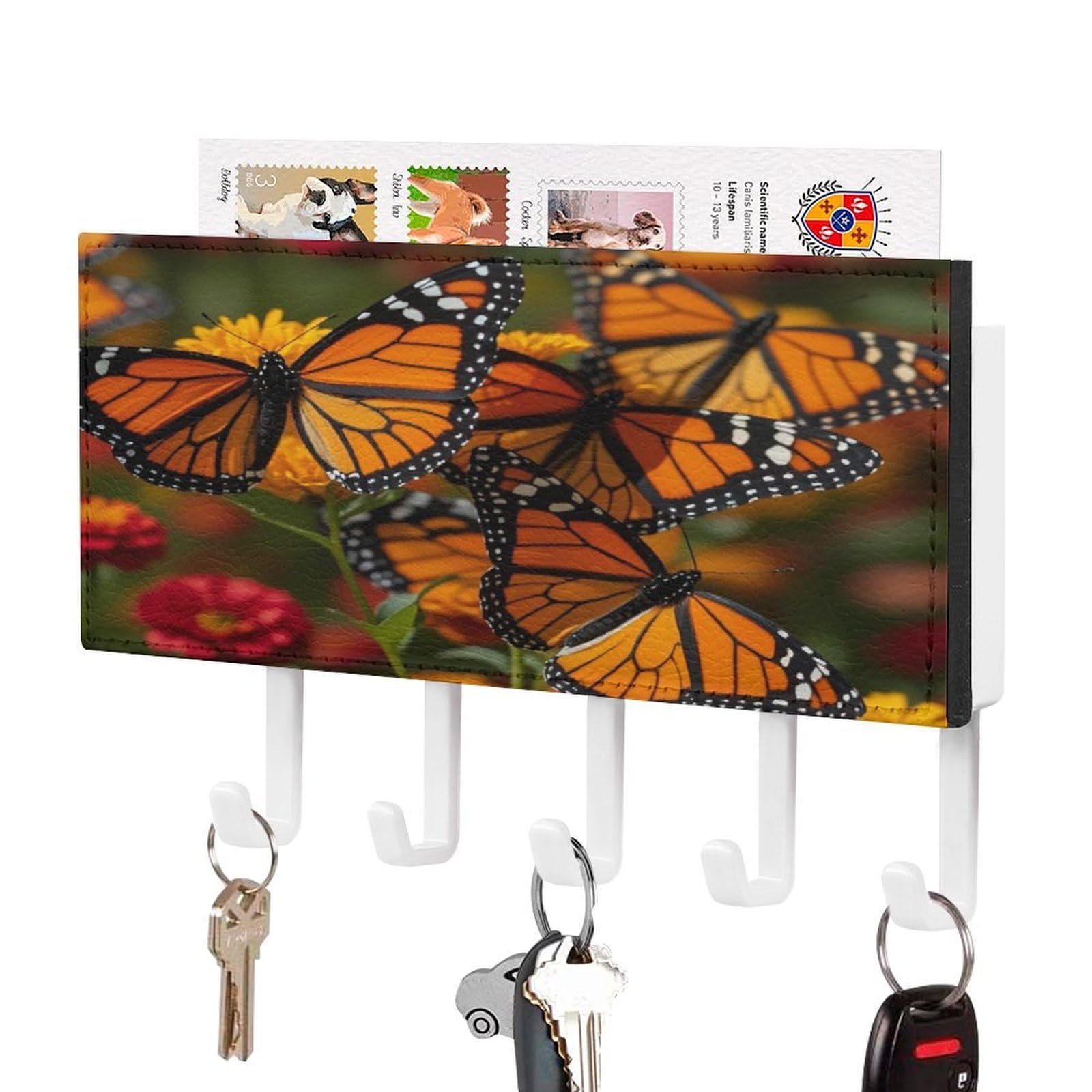FekiLoot Monarch Butterflies Key Holder Wall Mount Key Hanger with 5 Hooks Decorative Key Rack Hanging Key Hooks with Mail Organizer Key Holder for Wall Living Room Kitchen Bathroom Hallway White