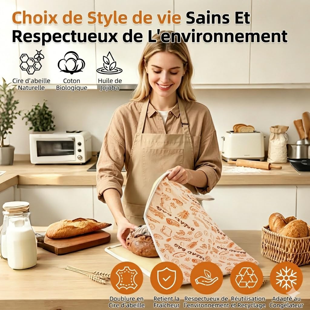 AHJ Sac à Pain en Cire d’Abeille avec Fermeture Éclair, Lot de 2 Sacs Réutilisables 43 x 33 cm, Conservation du Levain Maison, Baguette et Produits de Boulangerie