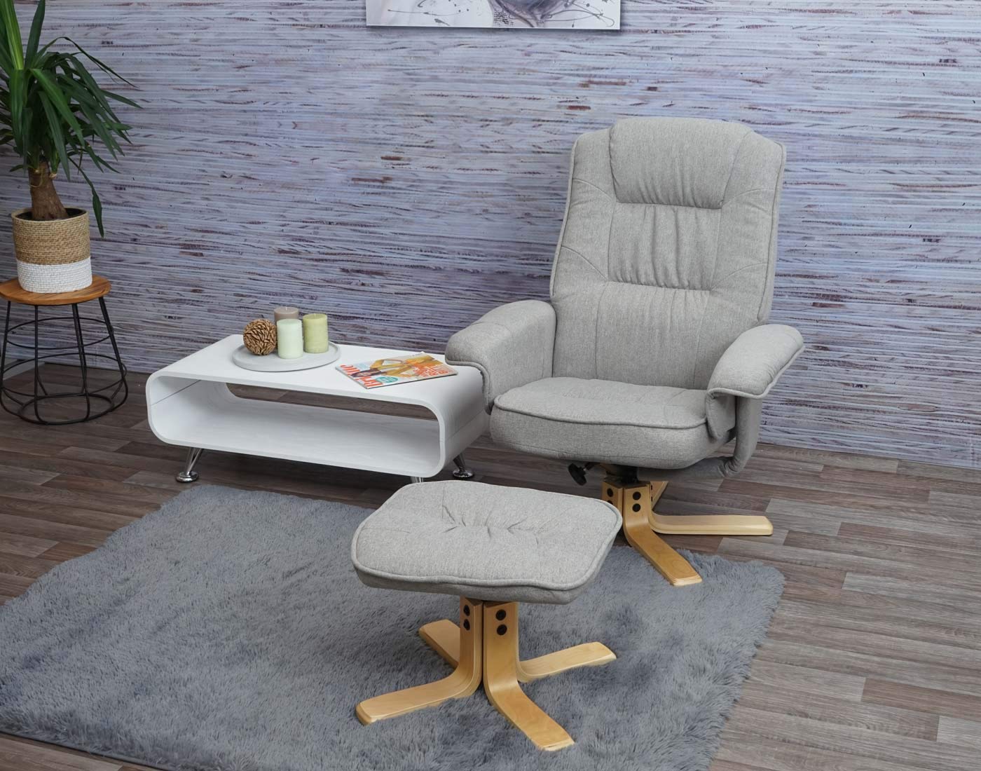 Mendler Sillón de relax M56 con taburete, tela/textil, certificado FSC®, color gris claro