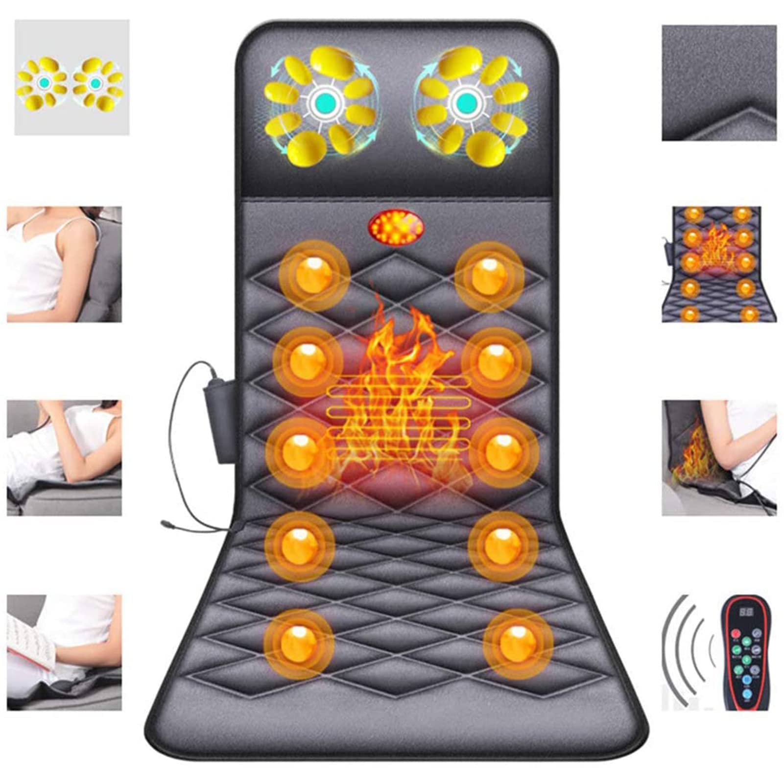 Tappetino massaggiante con calore, massaggiatore shiatsu per tutto il corpo, 10 motori vibranti, 9 modalità, per alleviare il dolore al collo, alla schiena, alla vita, alle gambe, alla schiena, al co