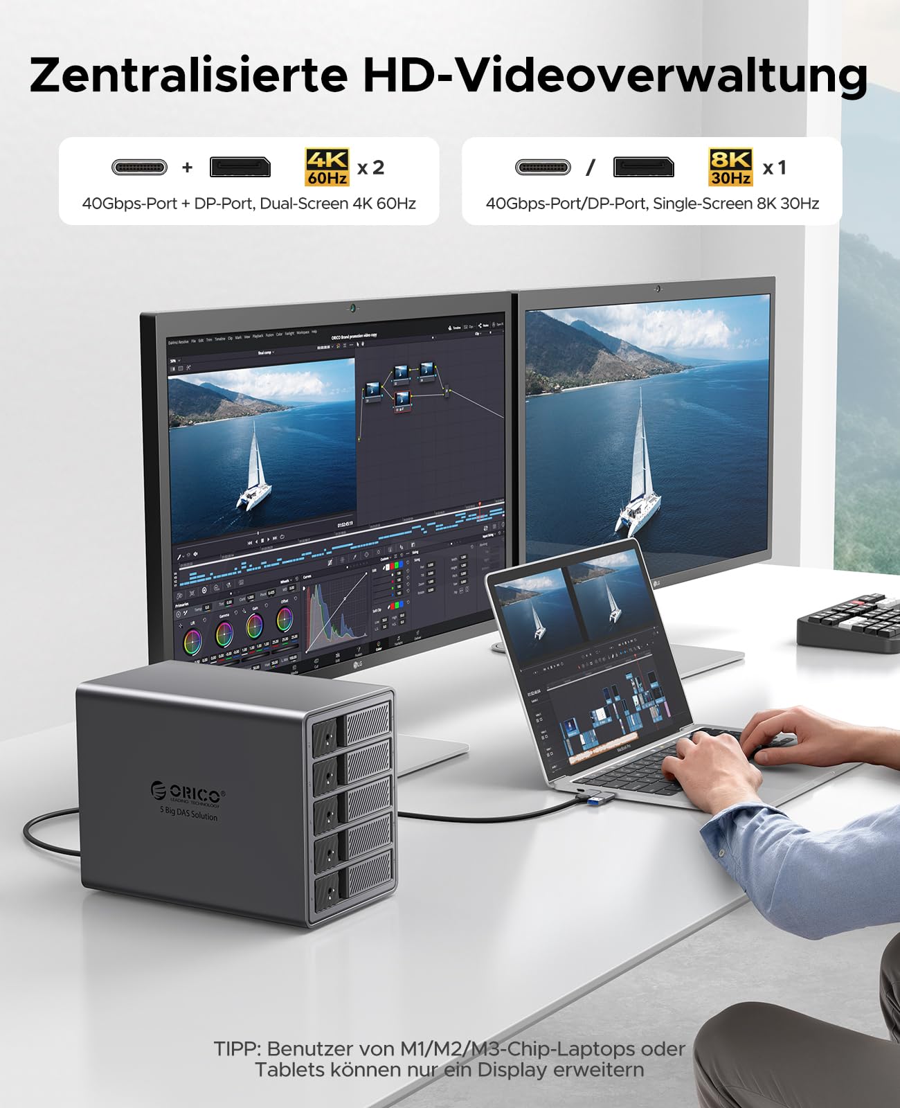 ORICO Estación de Carga para Disco Duro de 5 bahías, 40 Gbps, de Aluminio, para HDD de 3,5 Pulgadas hasta 5 x 22 TB, con Conector DP y Puerto de expansión USB-C, sin Disco Duro (Modelo 9858T3)