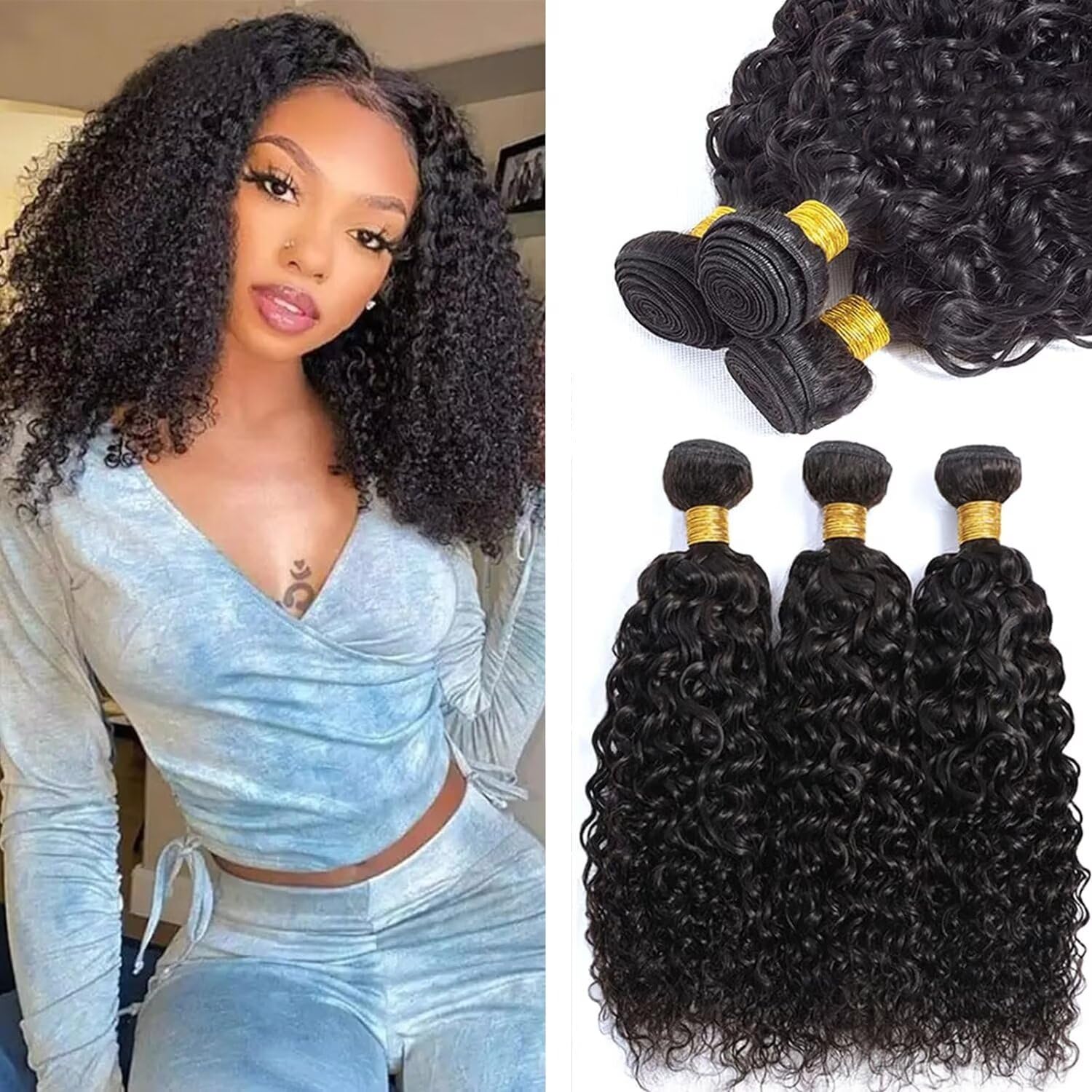 12A Curly Human Hair Bundles 100% Unprocessed Kinky Curly Bundles Human Hair Soft And Thick Can Be Dyed Curly Wave 3 Bundles Natural Black Color 10 12 14 Inch 95-100g/bundle total 285-300g
