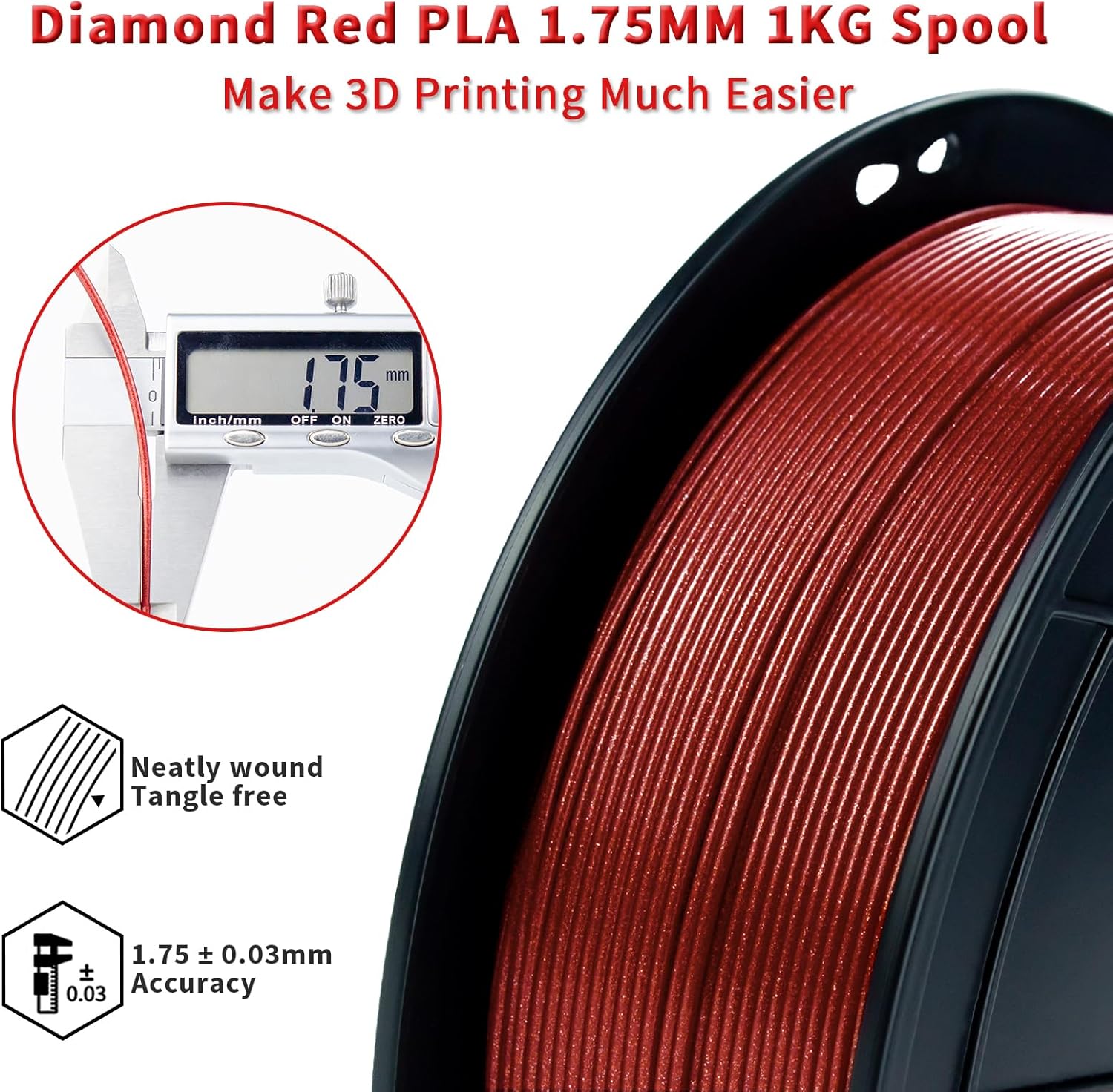ZIRO 3D Printer Filament, 1.75mm Shiny Sparkle PLA with Glitter, Diamond Series Filament, Twinkling PLA 1kg/2.2lbs Spool, Colorful Material, Dimaond Red - Image 3