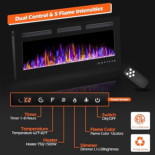 Miniatura 2 de BETELNUT Chimenea eléctrica de 40 pulgadas montada en la pared y empotrada con control remoto calentador de chimenea de pared ultrafino de 7501500 W