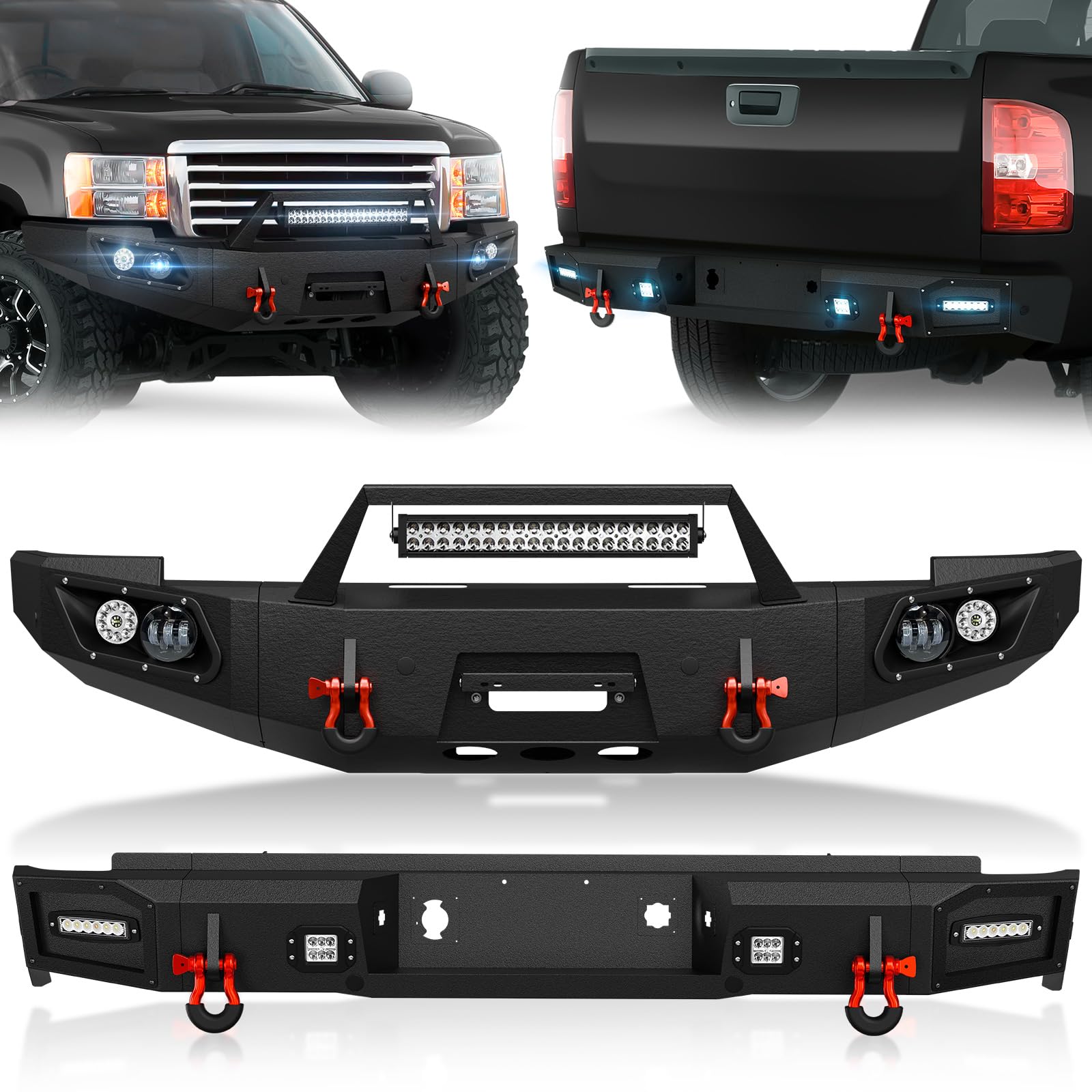 Off-Road Front and Rear Bumper Compatible for 2007-2013 GMC Sierra 1500 Pickup Truck Bumper w LED Lights License