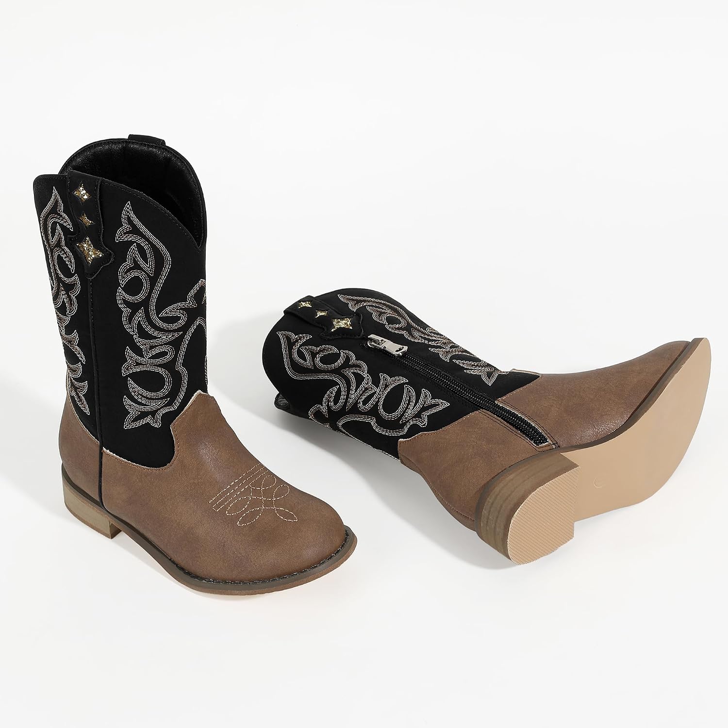 PANDANINJIA Girls Cowgirl Boots Kids Toddler Cowboy Boots Round Toe Mid Calf Western Riding Booties Shoes