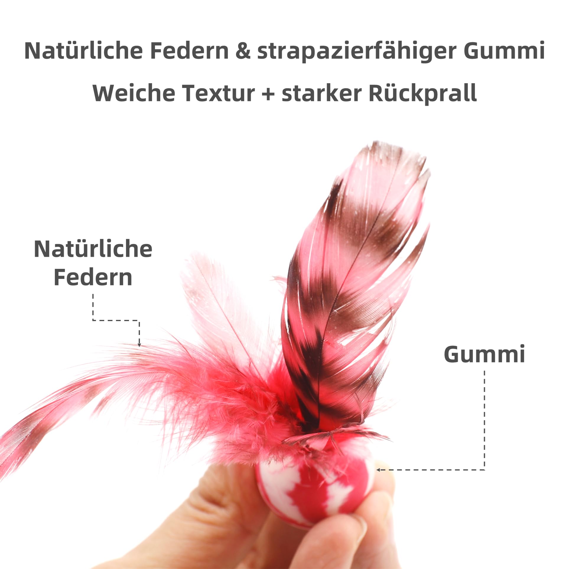 Katzenspielzeug Federbälle – 5er Set robuste Gummibälle mit Federn für Wohnungskatzen, interaktives Rollen- und Jagdspiel für aktive Katzen und Kätzchen