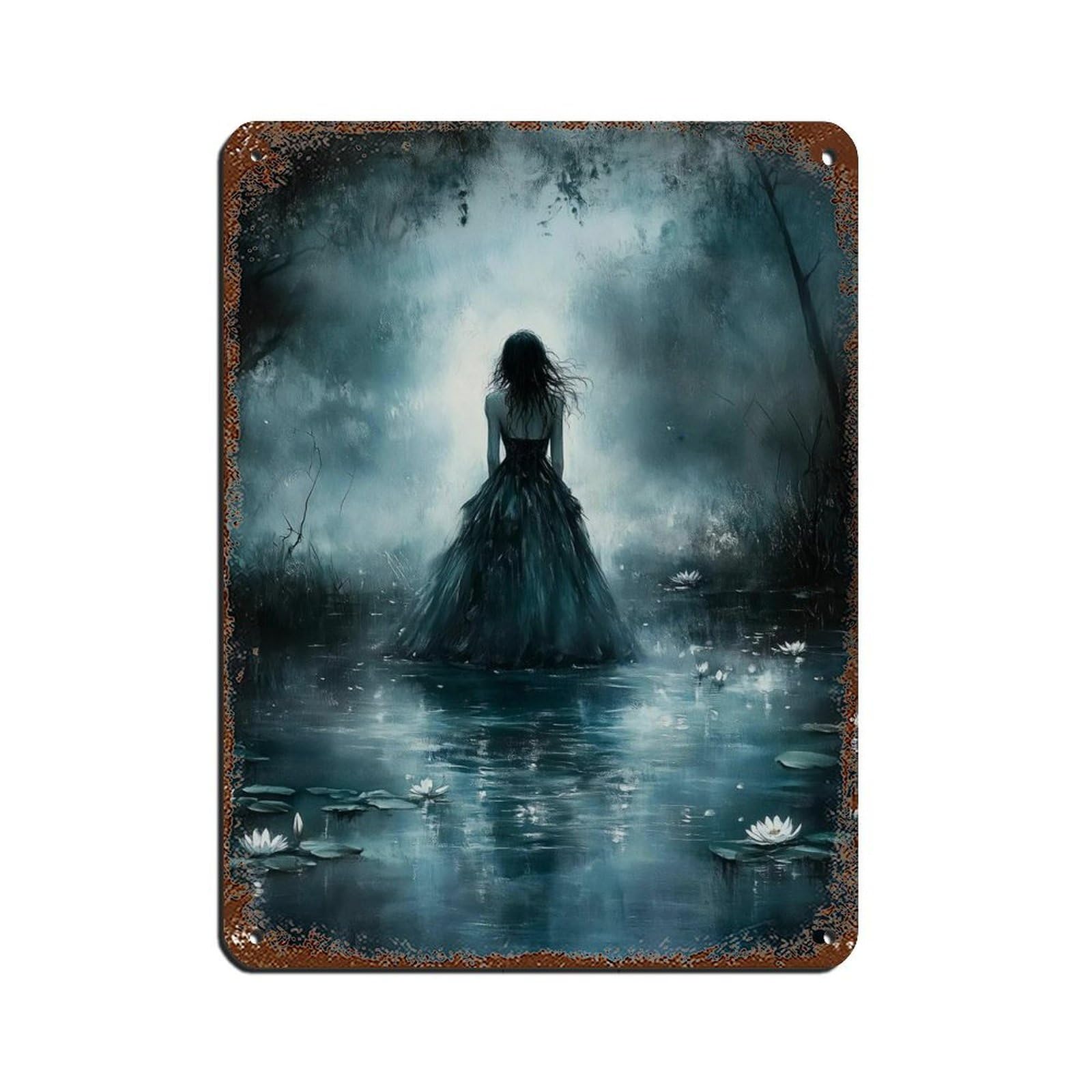Woman Walking Into The Lake Dark Academia Tin Sign Vintage Metal Pub Club Cafe Bar Home Wall Art Decoration Poster Retro 12x16inch(30x40cm)