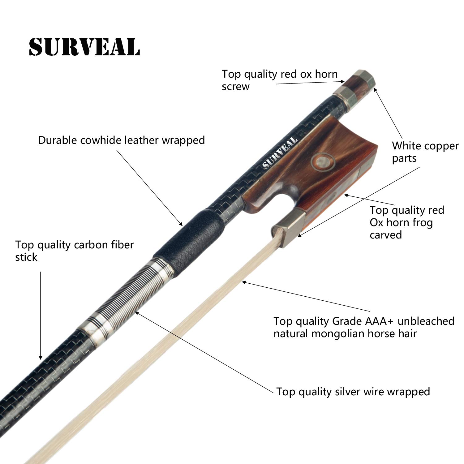 Professioneller 4/4 Violinenbogen aus Kohlefaser, Ochsenhorn, Frosch, geschnitzt, natürlicher mongolischer Pferdeschwanz, volle Größe, Geigenbogen (4/4)