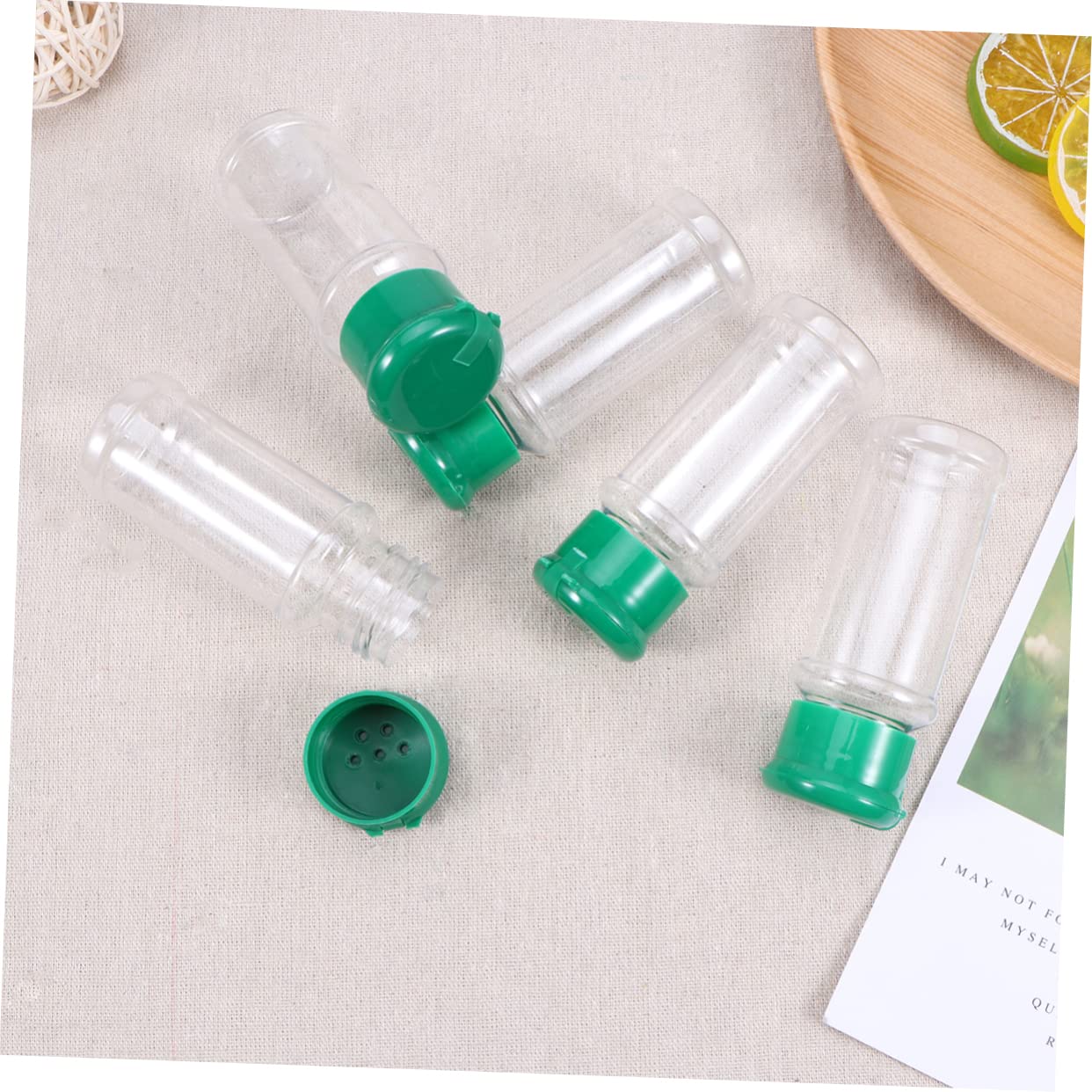 MOLUCKFU Rotating Lid Salt Pepper Shaker Set 10pc Plastic Seasoning Bottles for Spices Salt Cheese More