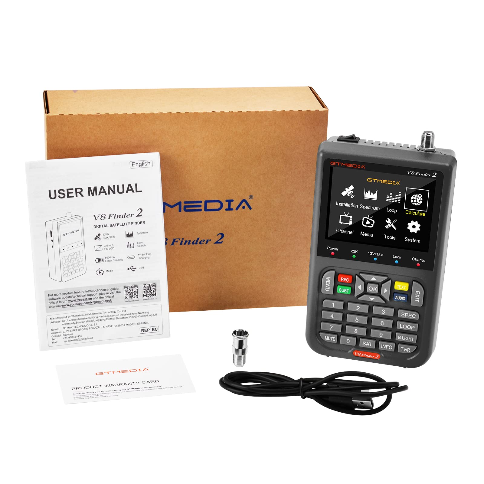 GT Media V8 FINDER2 - Localizzatore satellitare digitale e misuratore di segnale DVB-S/S2 H.264 HD 1080P con display LCD da 3,5" da 7,4 V/4000 mAh, ideale per la configurazione dell'antenna parabolica