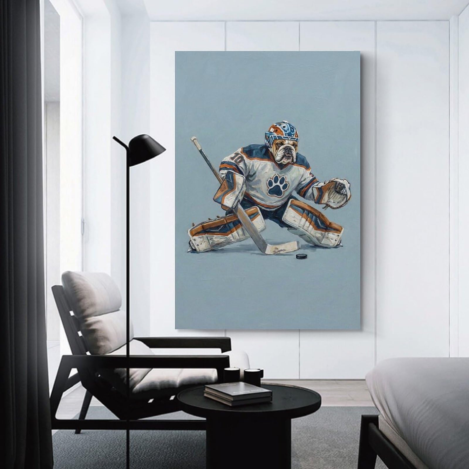 Junmoney Wall Art Print Bulldog Hockey Goalie Painting, 20x30inch(50x75cm), for Bedrooms, Workspaces And Everyday Interiors, Stylish Home Artwork for Focal Walls