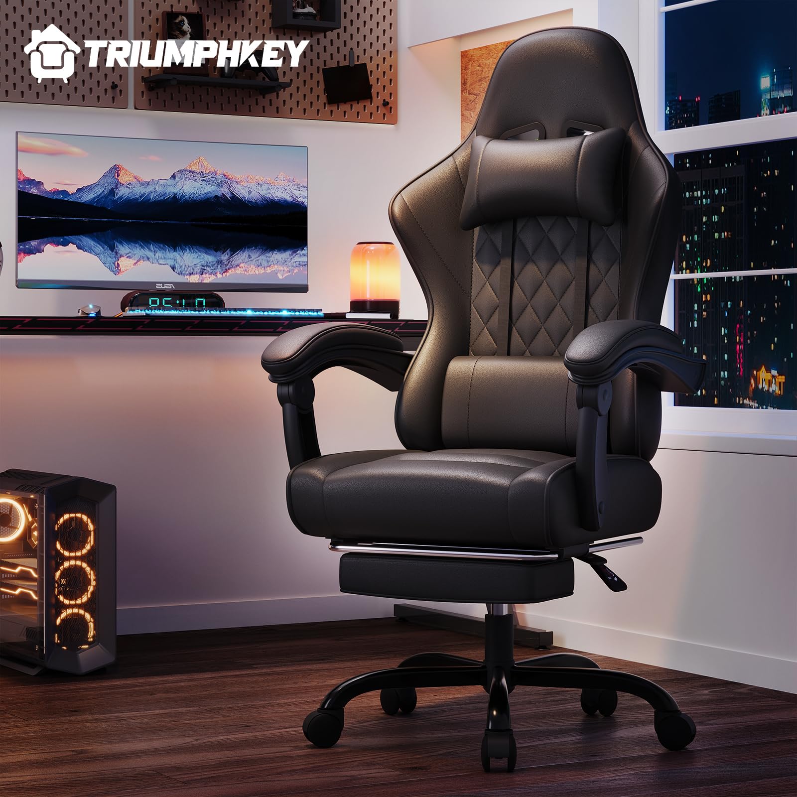 TRIUMPHKEY Chaise de Jeu Ergonomique avec Massage Lombaire, Fauteuil Gaming, Repose-Pieds Rétractable, Dossier Réglable, Confort Quotidien, Gaming et Bureau, Noir