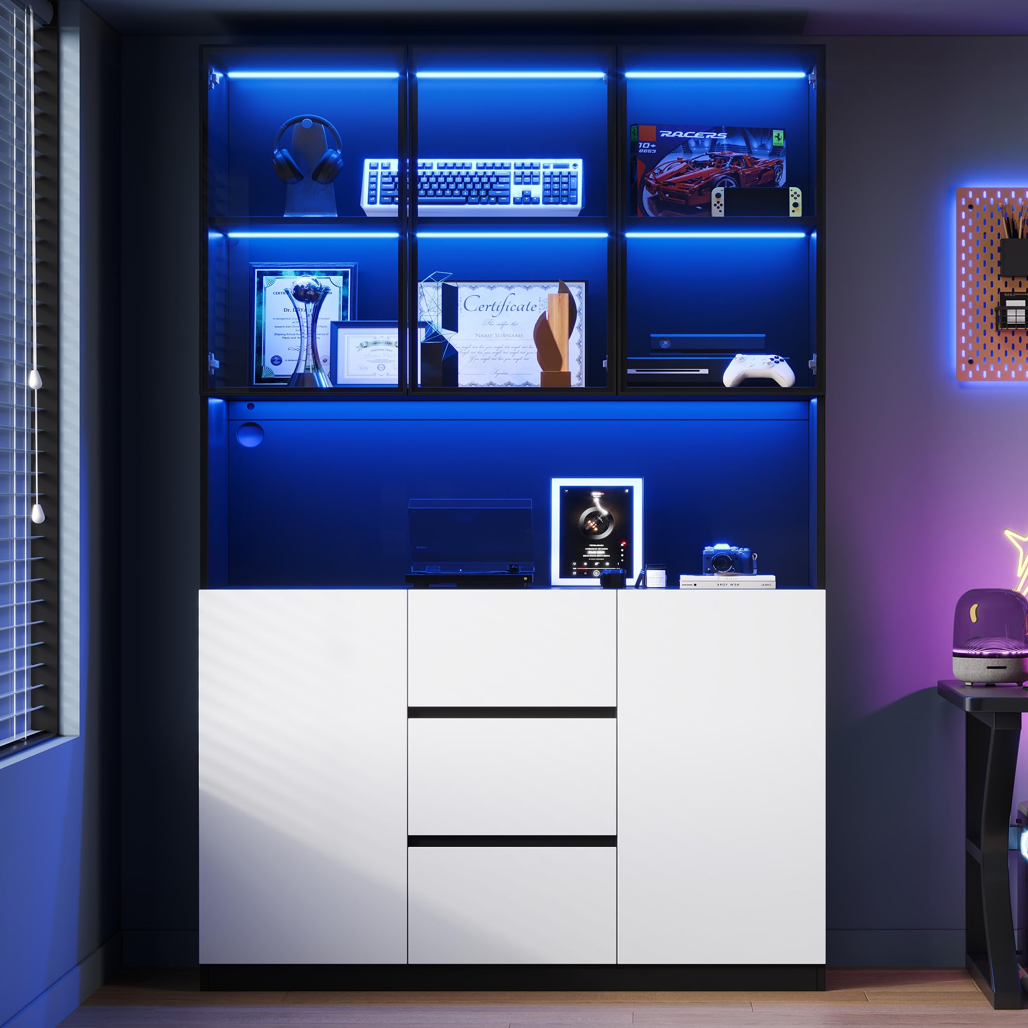 Dolamaní Armadio alto 120 × 40 × 200 cm, armadio da cucina, buffet con illuminazione a LED, scaffali aperti, 3 cassetti e 2 ante, vetrina in vetro, per soggiorno, sala da pranzo (bianco+nero)