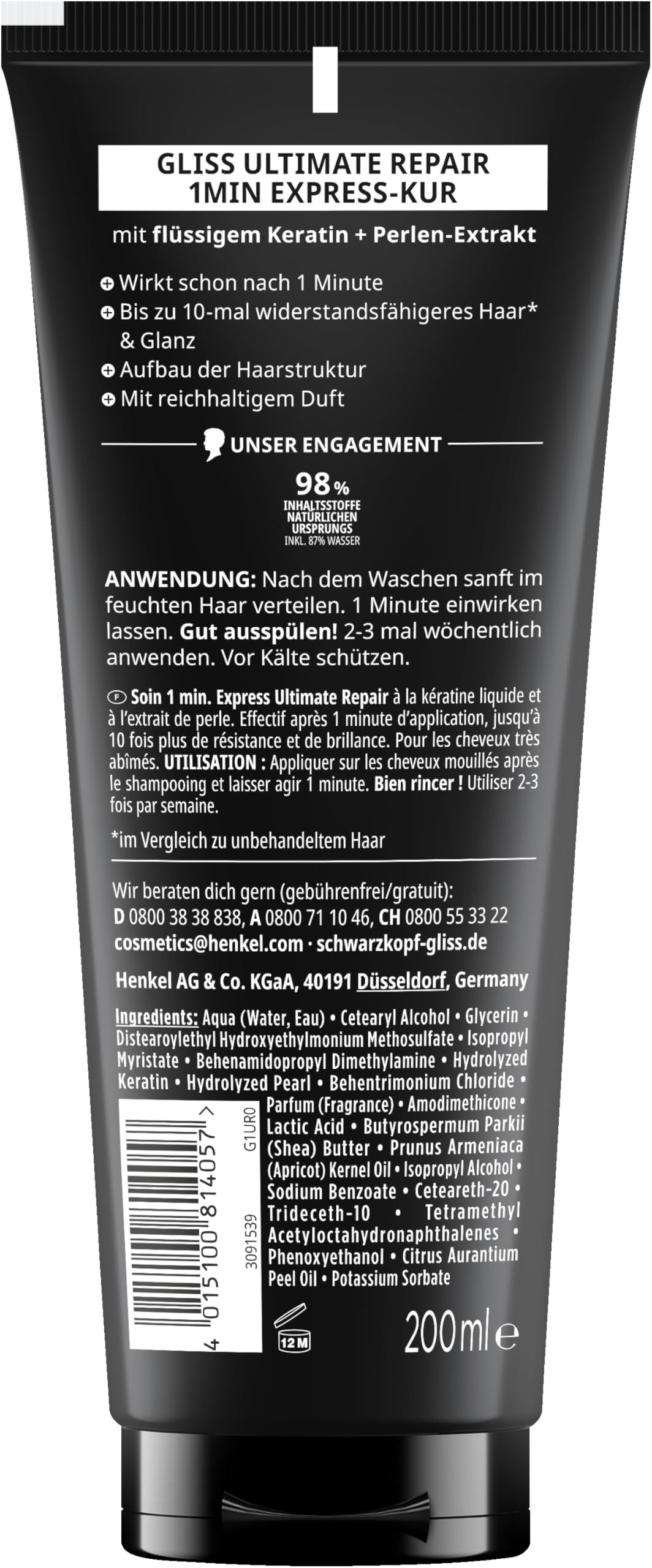 Gliss 1-minutowa intensywna kuracja Ultimate Repair (200 ml), kuracja do włosów z keratyną dla bardzo zniszczonych włosów, skuteczna już po 1 minucie