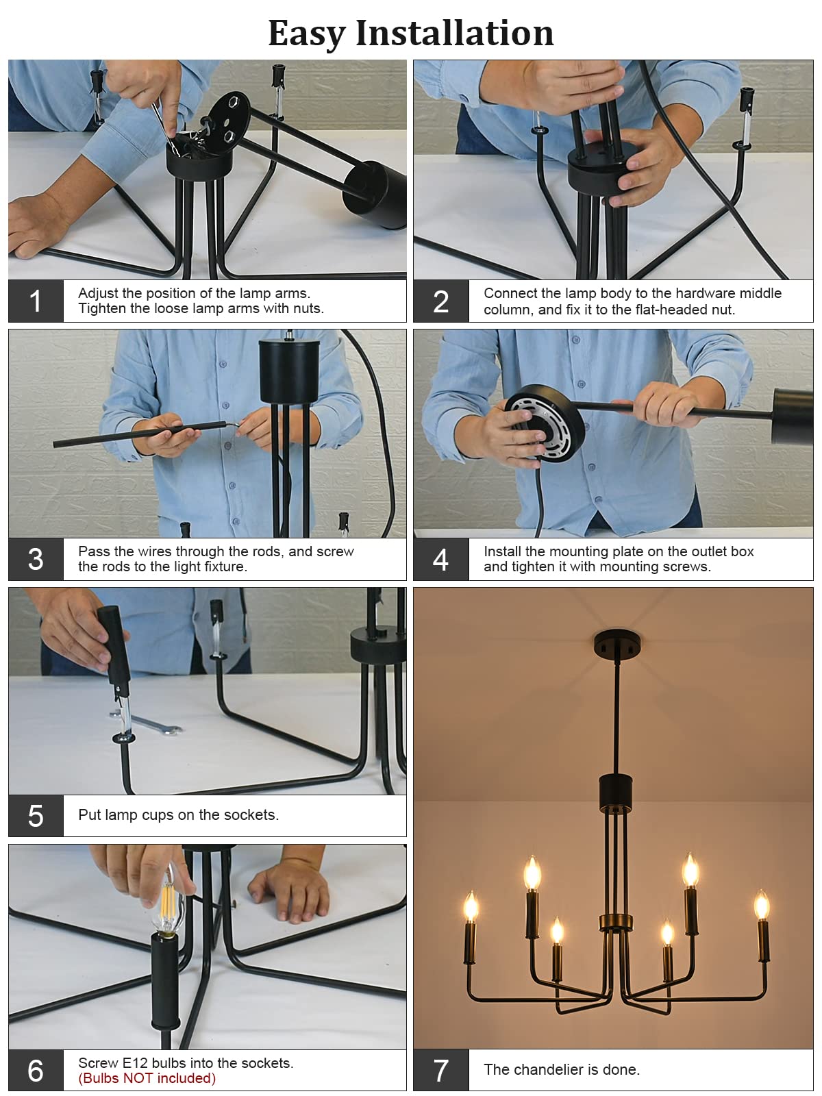 Peblto Black Gold Farmhouse Candle Chandeliers, Modern Metal 6-Light Dining Room Light Fixture, Vintage Classic Hanging Chandelier for Dining Room, Living Room, Foyer, Hallway