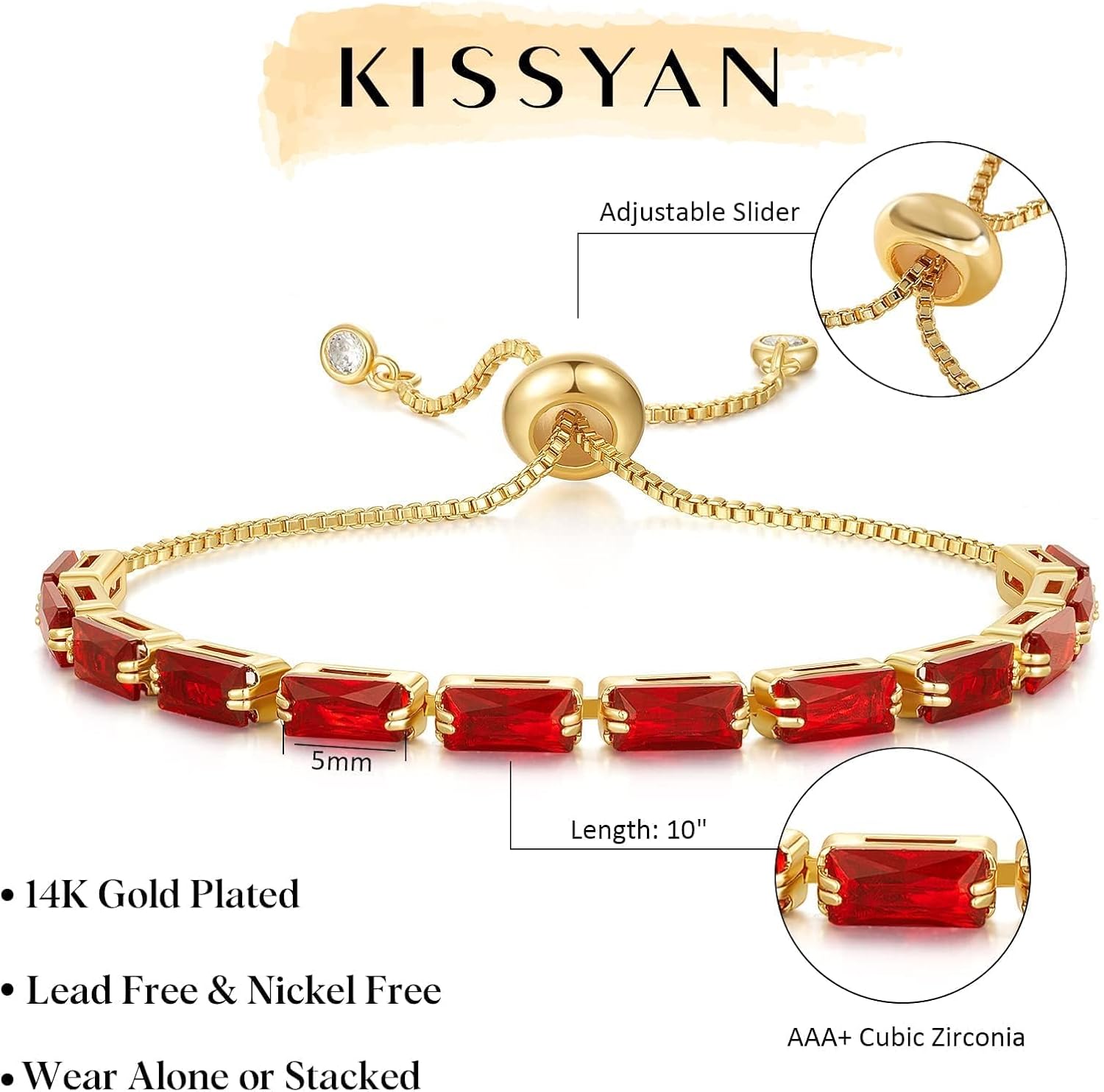 KissYan Tennis Bracelet for Women, 14K Gold Plated Cubic Zirconia Adjustable Slider Bracelets Trendy Jewelry Gift - Image 5