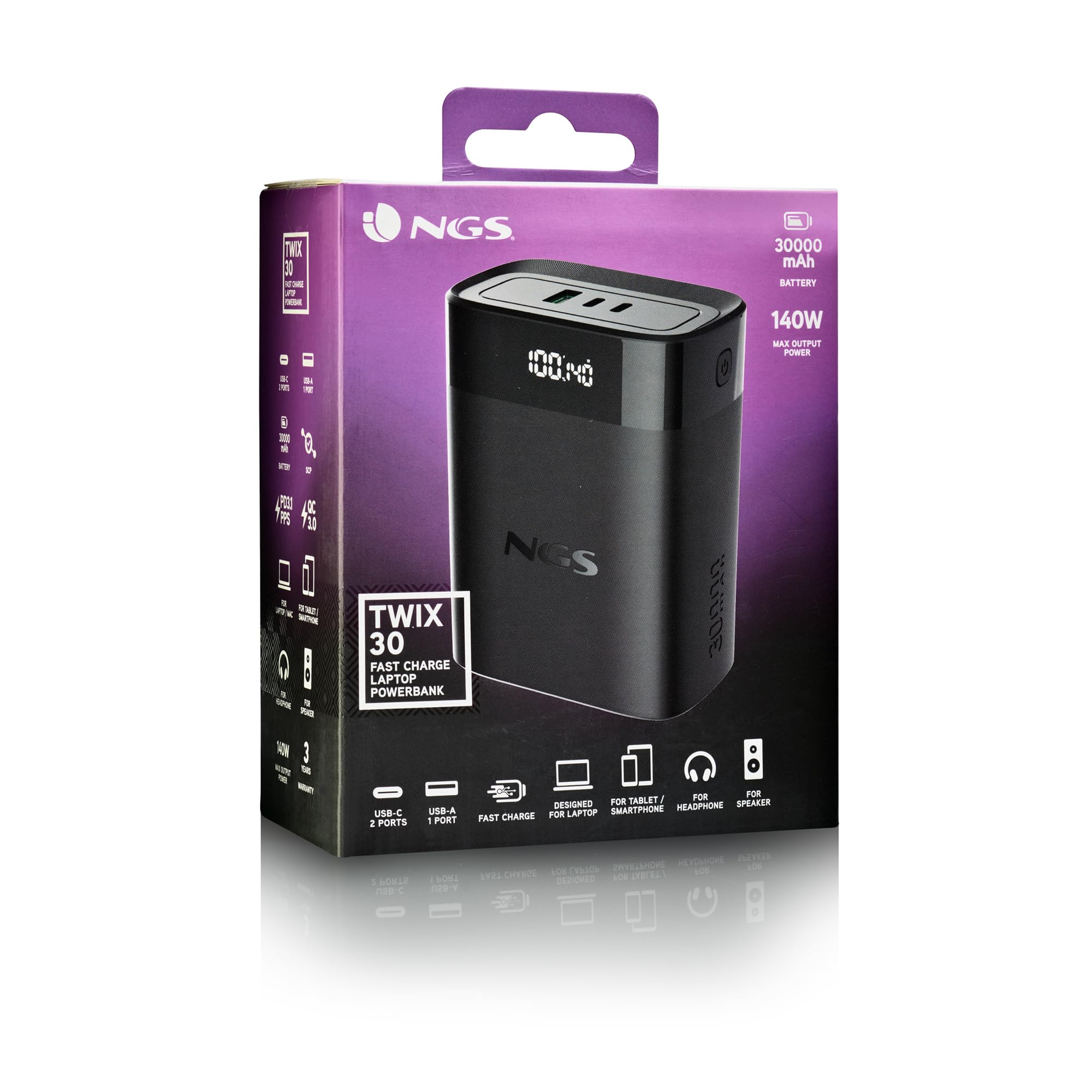 NGS Twix 30 - Batteria portatile 30000 mAh, 140 W, ricarica rapida, PD 3.1 per laptop, USB-C 30 W, USB-A QC 22,5 W, display LED, compatto e leggero, compatibile con iPhone, Samsung, Huawei