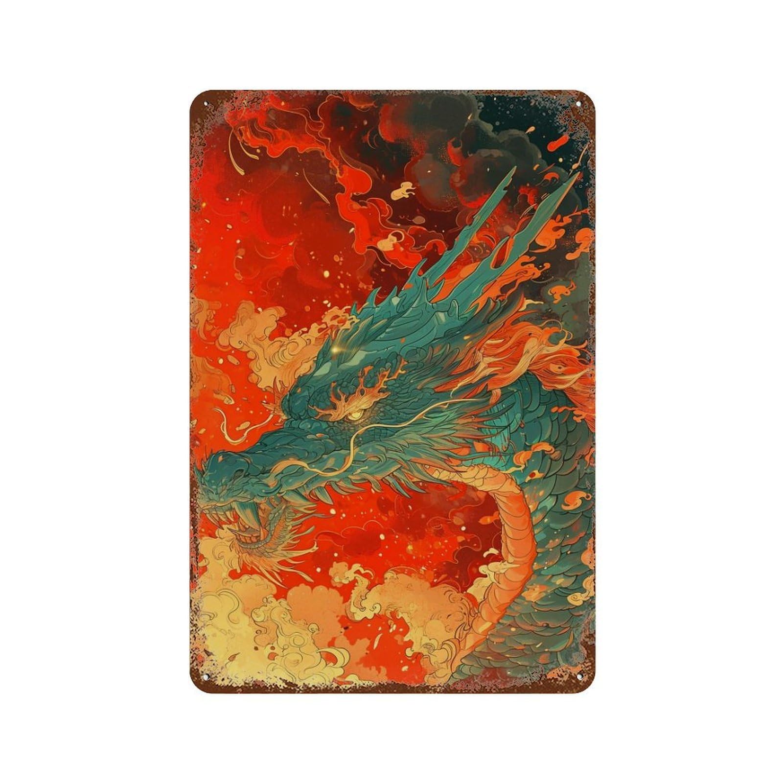 Garage Style Fire Dragon Art Print Rust Effect Tin Sign 11.8"x7.9", Rustic Home Decor for Bar And Workshop