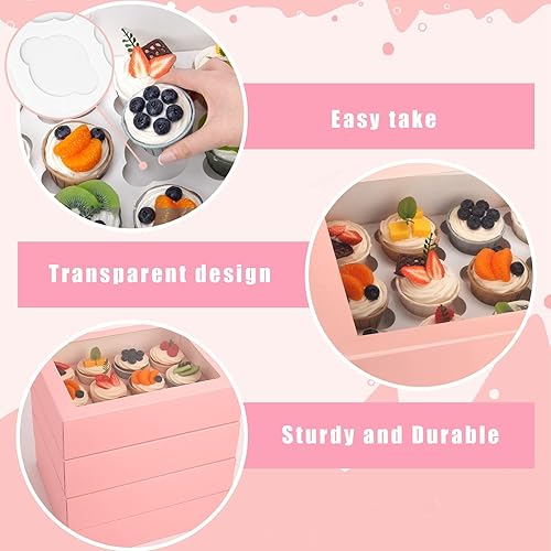 Miniatura 5 de VGOODALL 6 recipientes para cupcakes con ventana, soporte rosa para cupcakes con inserción, 12 unidades con capacidad para 72 cupcakes para el día