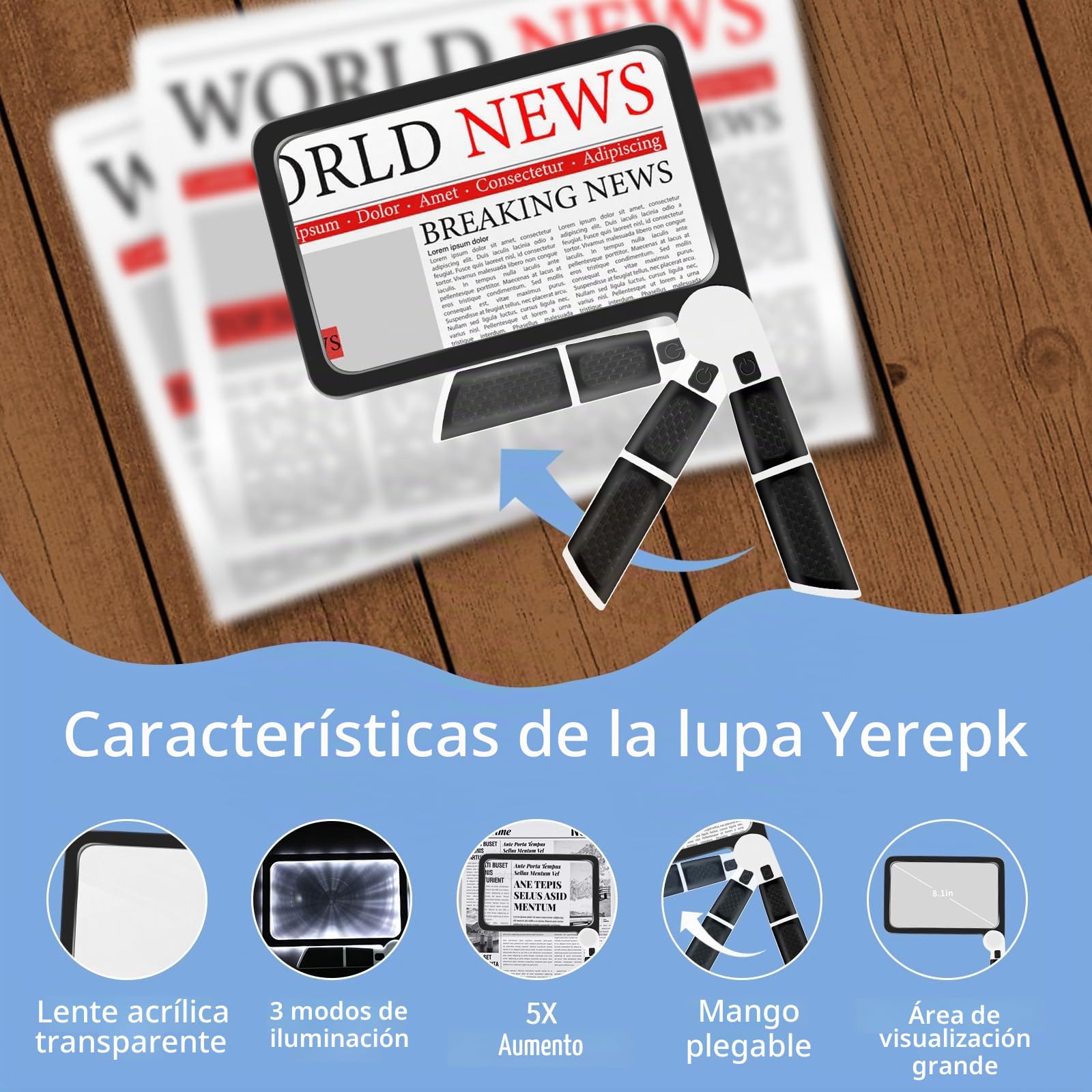 Lupa 5X con luz, lupa de lectura de página completa, color negro
