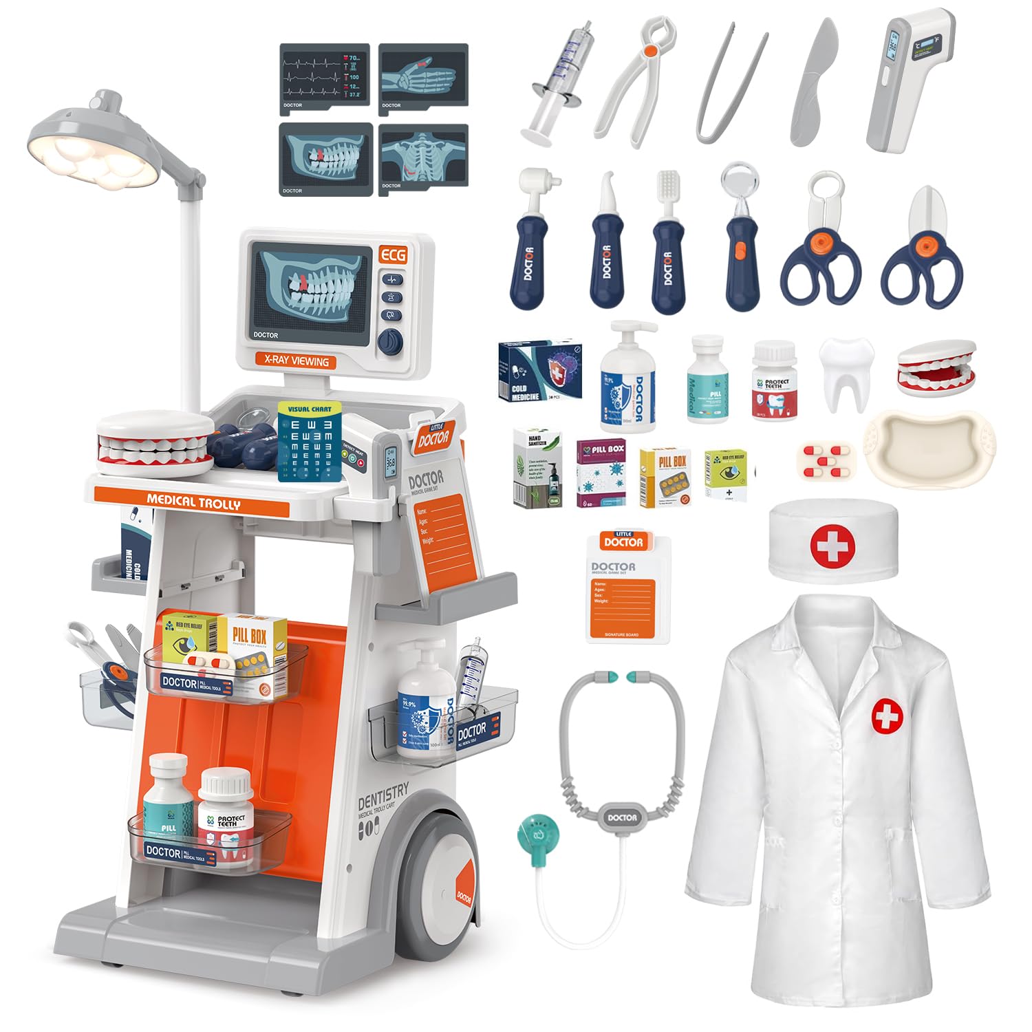 Mallette Docteur Enfant,Jouet Docteur avec Chariot 28Pièces Kit du Docteur Médicale Jouet avec Stéthoscope, Thermomètre, Seringue,Jeu d'imitation Cadeau pour Fille Garçon Enfant 3 4 5 6 7 Ans