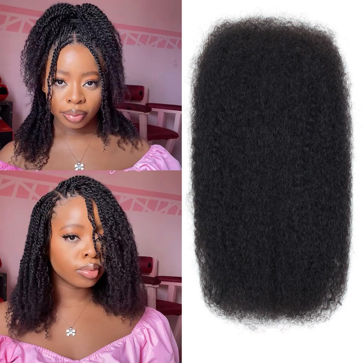 Vecago Afro Kinkys Bulk Human Hair, 12 inch 4c Kinky Curly Human Hair for Twist/Permanent Loc Extensions/Braiding/Repair Locs Can Dye and Bleach(50 Gram),Black