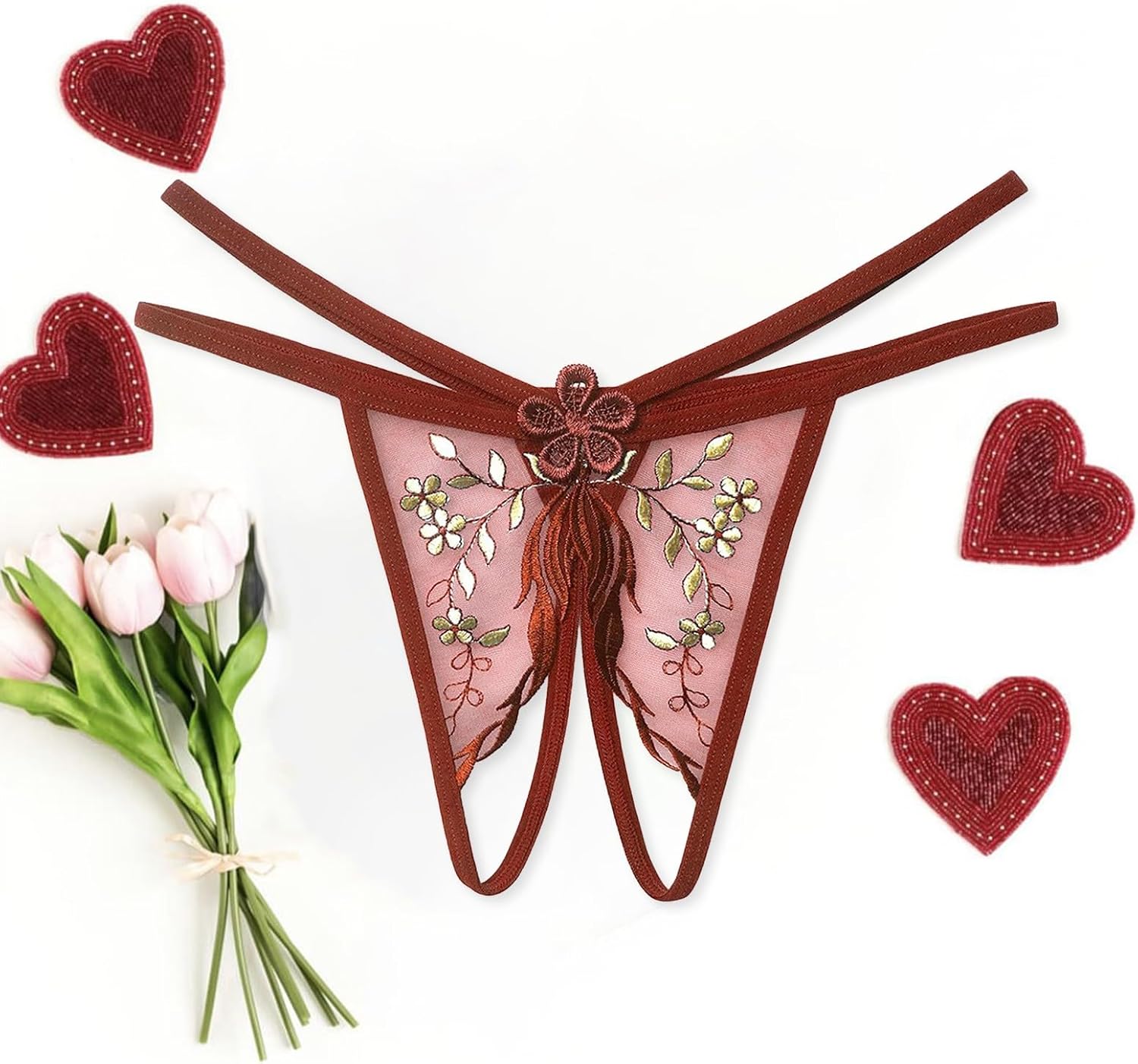 Women's Crotchless Briefs, Exotic Soft Sheer Floral Lace Strappy Body Harness Panties