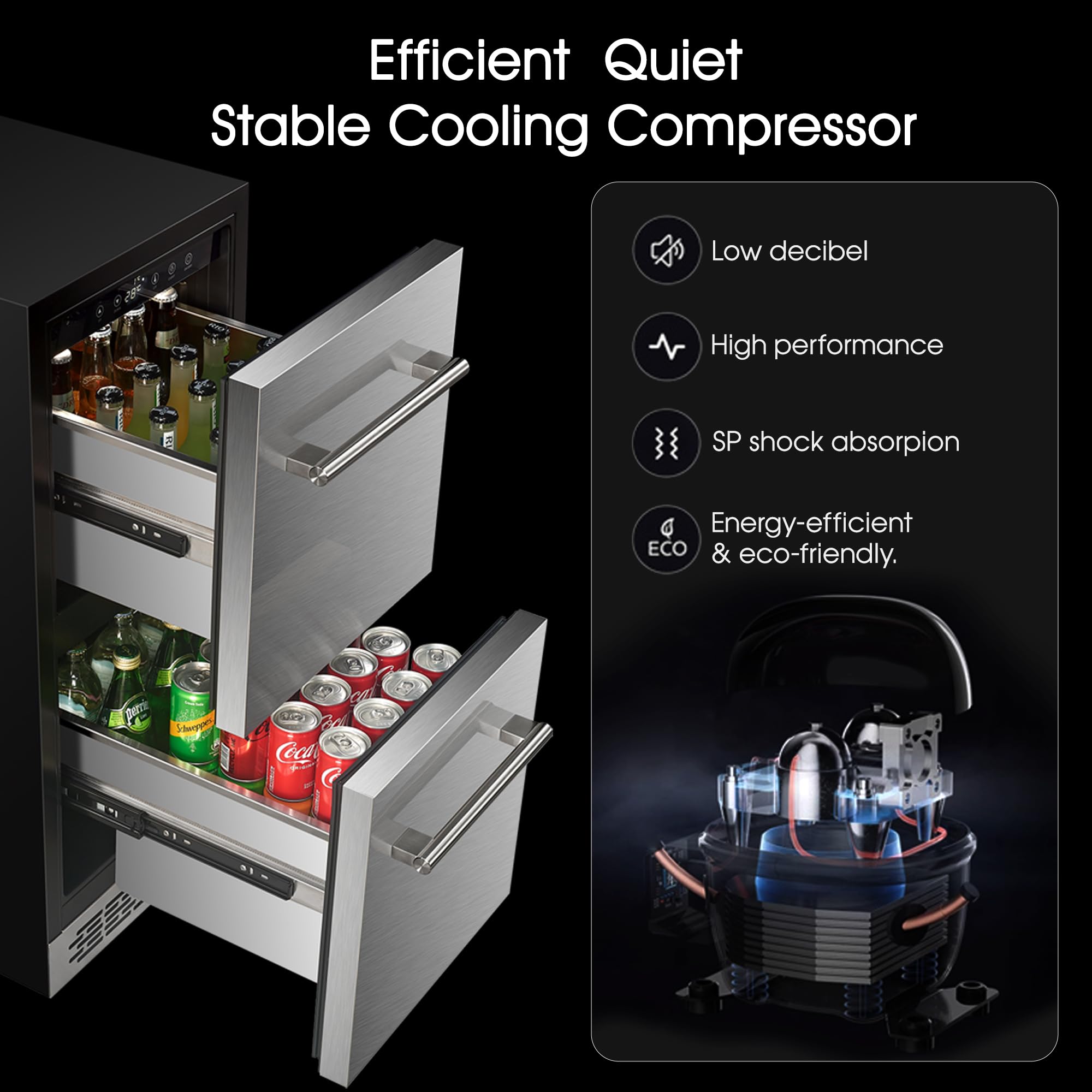Vesgolden 15 Inch Double Drawer Refrigerator,Under Counter Beverage Fridge For Indoor Outdoor Kitchen,3.39 Cu.Ft. Waterproof Silver&Black Stainless Steel Refrigerator on Fridge.com - View 6