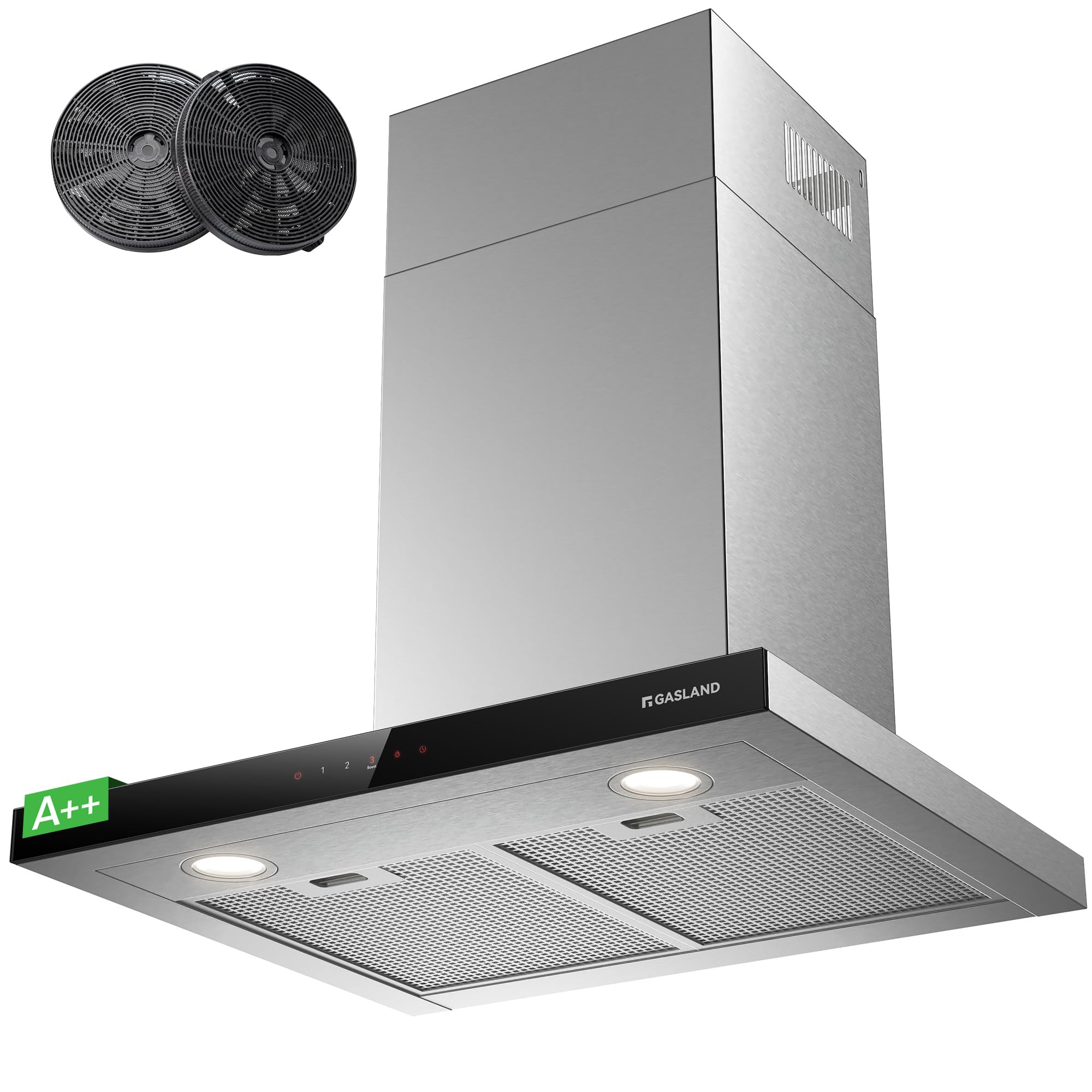GASLAND TR60SS Hotte Aspirante 60 cm, Recyclage ou Évacuation, 881 m³/h, Classe A++, Filtre à Charbon Actif Inclus, 4 Vitesses Tactiles, Hotte Murale Silencieuse en Inox Argent