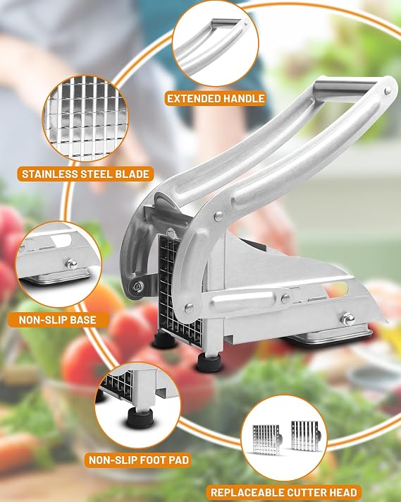 Chip Cutter,Potato Cutter,French Fry Cutter with 2 Size Blades(1/2 and 1/3 Inch),Professional Stainless Steel Potato Chipper Slicer with Non-Slip Suction Base for Homemade Chips and Fries