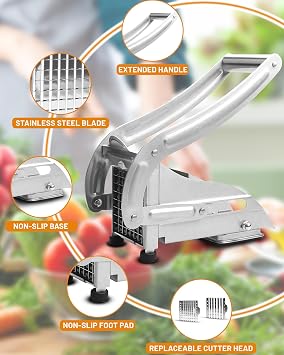 Chip Cutter,Potato Cutter,French Fry Cutter with 2 Size Blades(1/2 and 1/3 Inch),Professional Stainless Steel Potato Chipper Slicer with Non-Slip Suction Base for Homemade Chips and Fries
