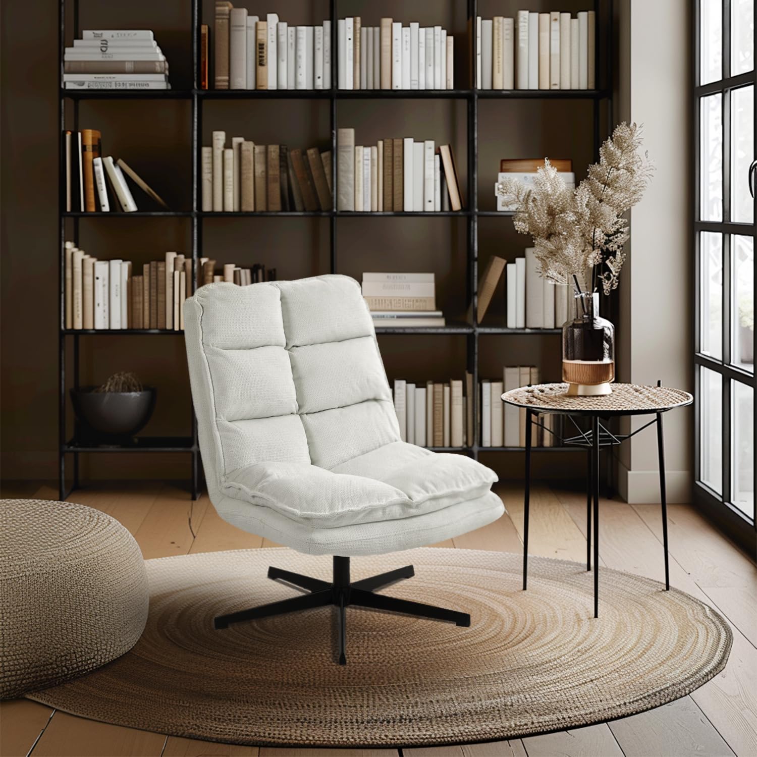 MEUBLE COSY Poltrona Imbottita Girevole a 360° Sedia da Salotto con Braccioli Poltroncina Relax con Schienale Pieghevole per Camera da Letto Soggiorno, Bianco, 65x79.5x85cm