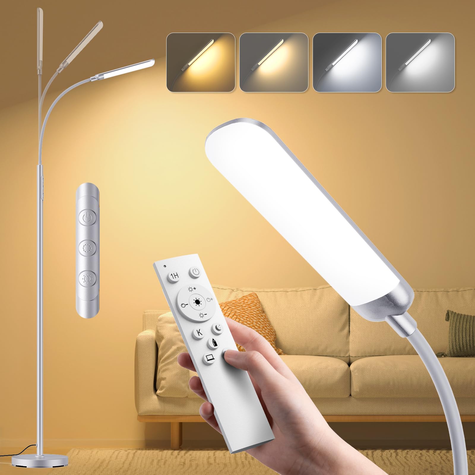 Lampada da Terra LED 18W 1200LM con Telecomando - 4 Tonalità di Colore & 4 Livelli Luminosità Regolabile - Piantana da Lettura per Soggiorno, Camera da Letto, Ufficio