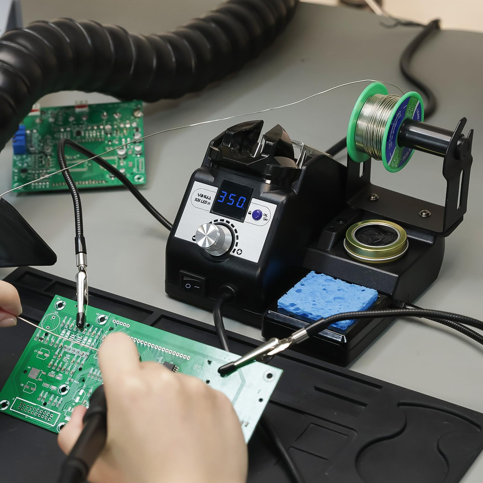 YIHUA 926LED IV 60W Digital Soldering Iron Station Kit w Temperature Stabilization for Soldering & Desoldering w Helping Hands 5 Soldering Iron Tips lead-free Solder Solder Sucker UK PLUG (Silver)