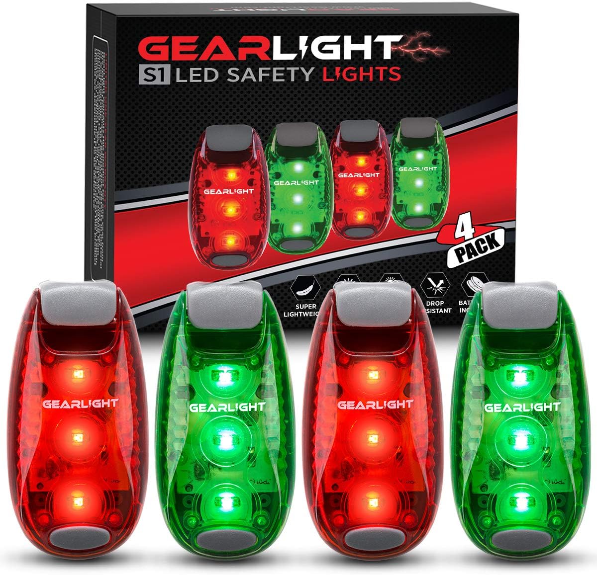 GearLight S1 LED Safety Lights Bike Taillights - Clip-On for Boat, Bike, Dog & Runners - Red, Green - Pocket-Sized, Compact, Portable (Pack of 4)