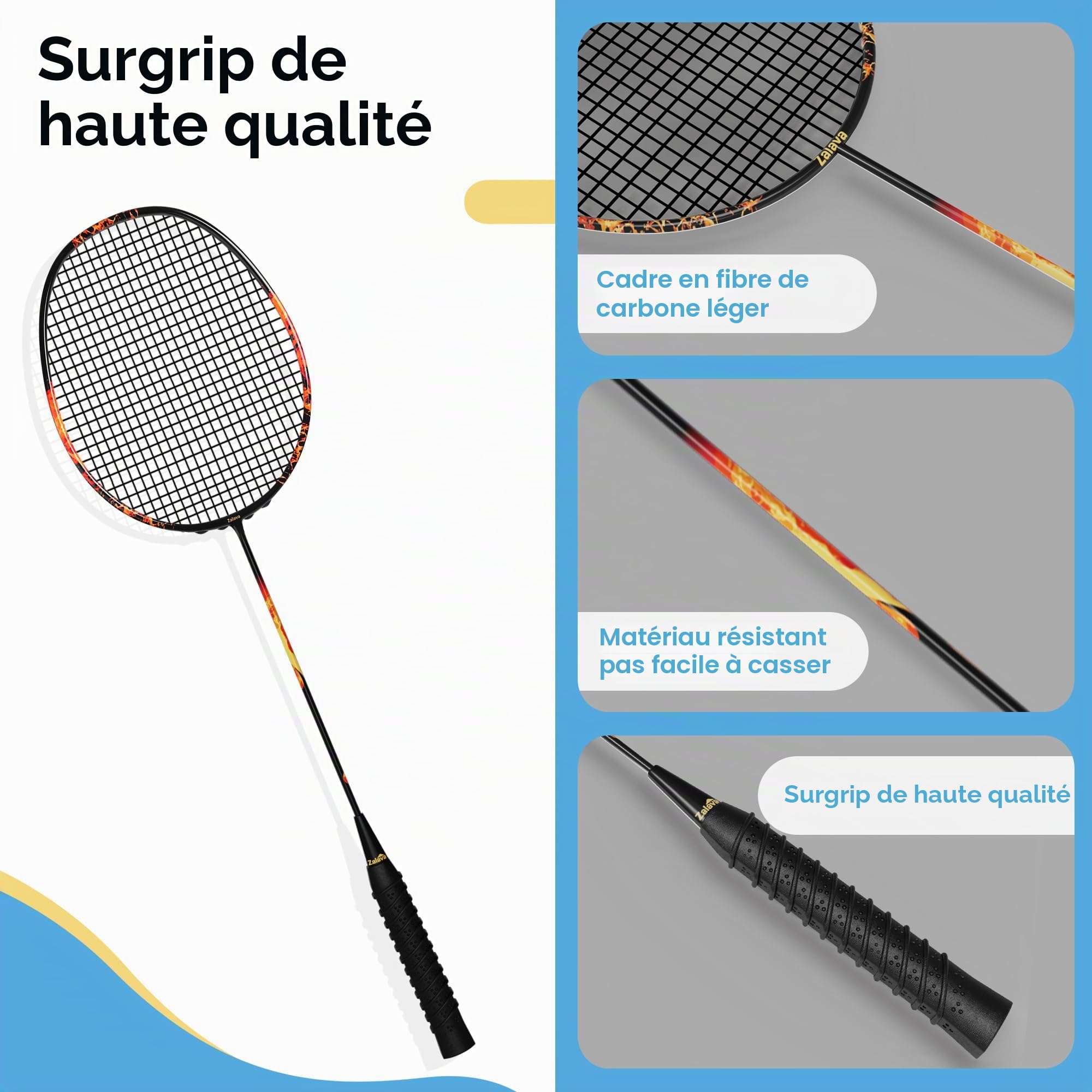 Ensemble de Badminton, 1 Paire de Raquettes de Badminton 2U avec Sac de Rangement, 3 Volants et 2 Bandes de Poignée, Sets de Raquettes Légères pour L’entraînement et Le Divertissement