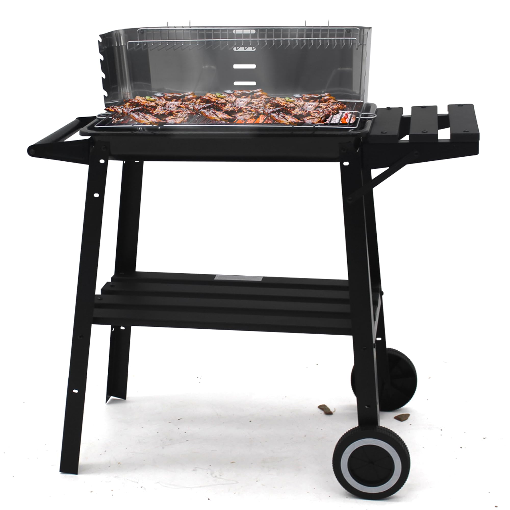 Holzkohlegrill edelstahl auf rollen,Säulengrill,BBQ-Grill,inkl 4-fach höhenverstellbarem Grillrost, Lüftungsregler,Aschekasten und Aschekasten, für Camping, Garten, Schwarz