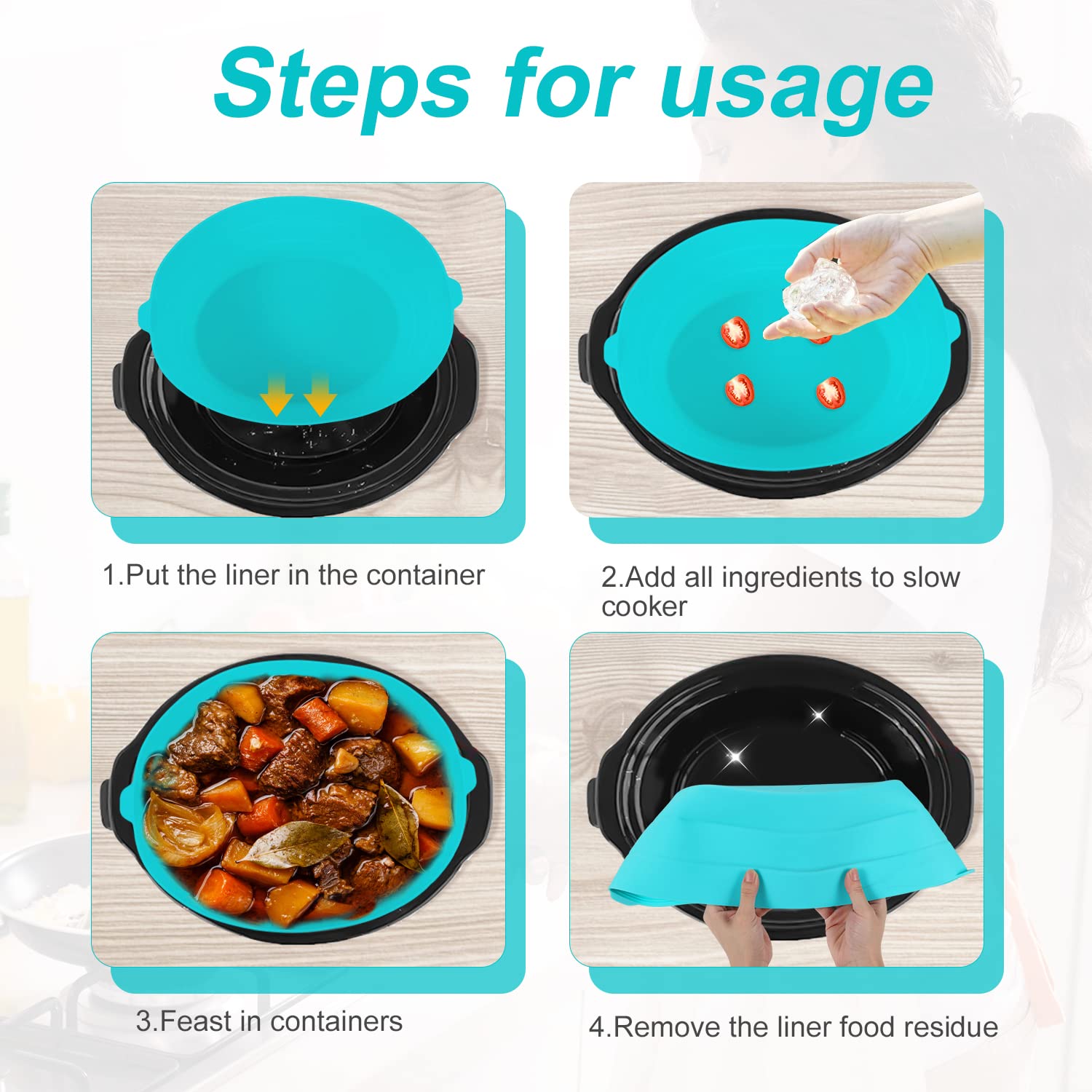 Pieghevole Fodera per Pentola a Cottura Lenta Compatibile con Crockpot 7-8 Qt, Riutilizzabile Silicone Slow Cooker Liner per Crockpot Pentole Ovali o Rotonde, Lavabile in Lavastoviglie (Blu)