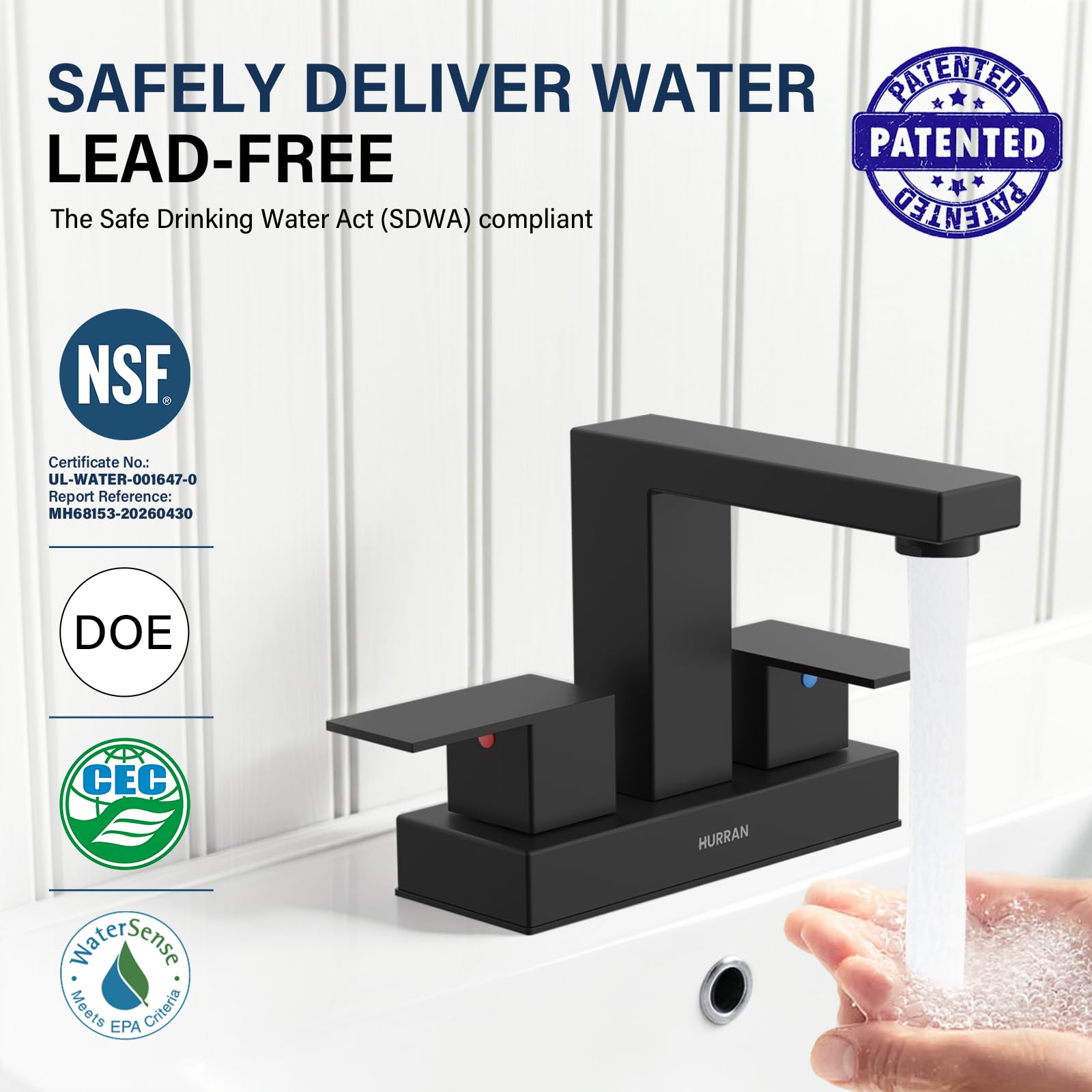 Hurran Rubinetto per lavabo da bagno, nero opaco, rubinetti da bagno da 10,2 cm per lavello a 3 fori con scarico pop-up e linee di alimentazione, rubinetto a 2 maniglie in acciaio inossidabile per