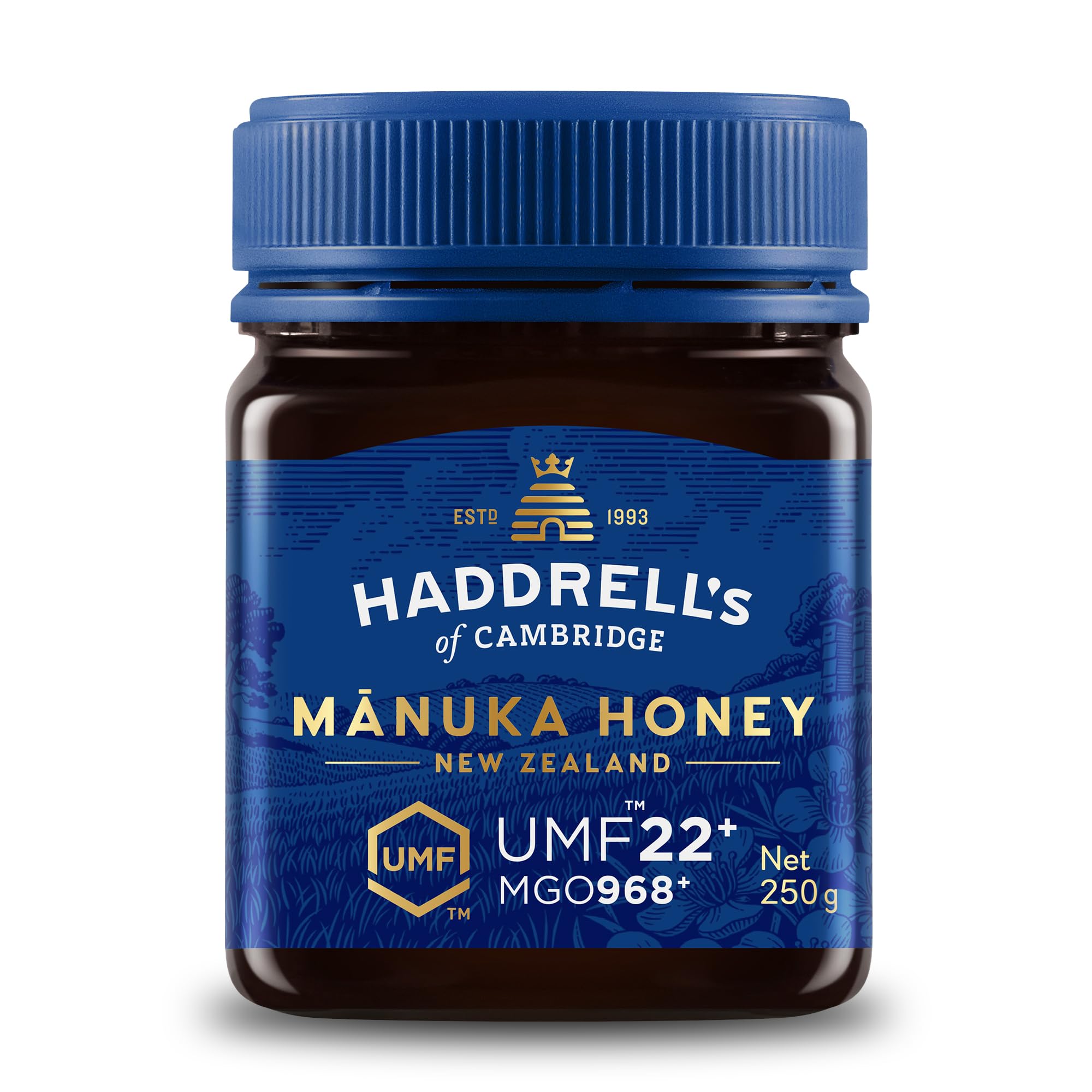 Haddrell's of Cambridge Miele di Manuka MGO 1000 circa (UMF 22+) 250g – Miele premium dalla Nuova Zelanda – Certificato, grezzo e sostenibile – Ricco di metilgliossale con alto contenuto di MGO