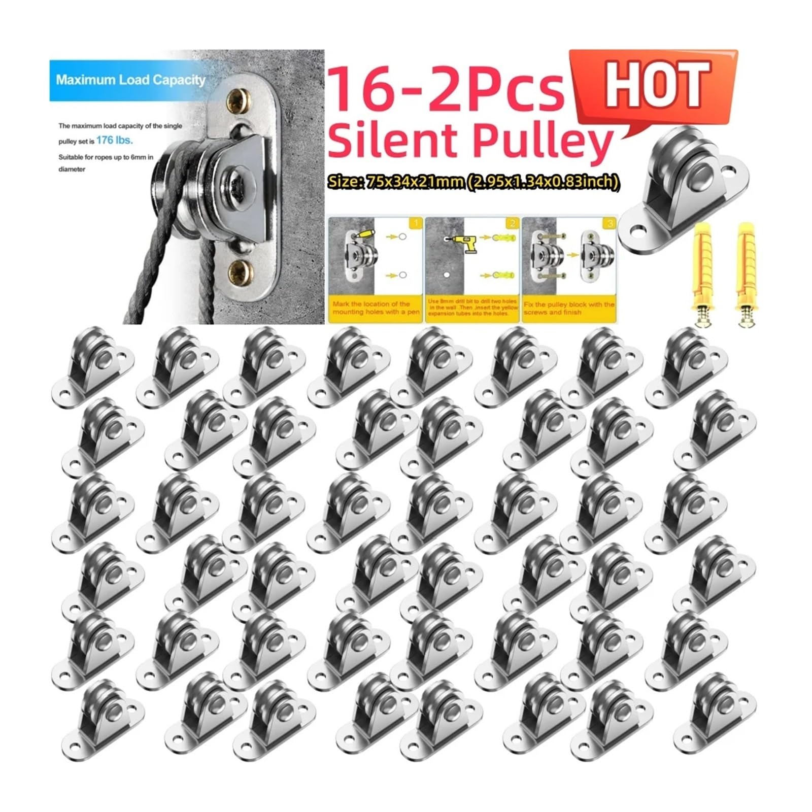 Lot de 2 poulies fixes compactes en acier inoxydable, capacité de charge de 79,8 kg, 7,5 x 3,4 x 2,1 cm, pour applications de levage et de gréement robustes