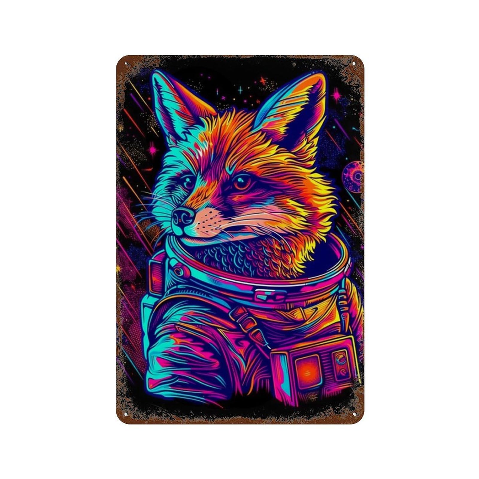 Space Fox Adventure Gear Distressed Metal Wall Sign 11.8"x7.9", Rustic Home Decor for Living Room, Hallway And Home Decor