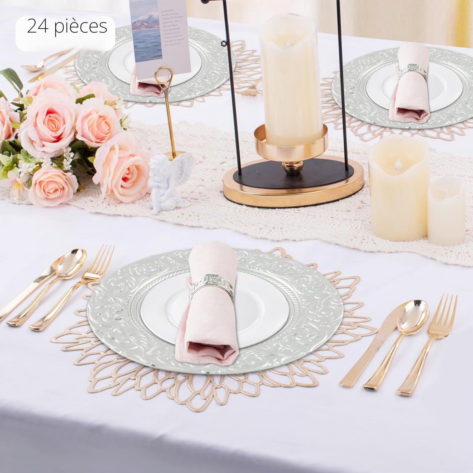 Service de table 24 pièces - Service durable pour 6 personnes - Design vintage - Pour fête, camping, cuisine, hôtel - Argenté