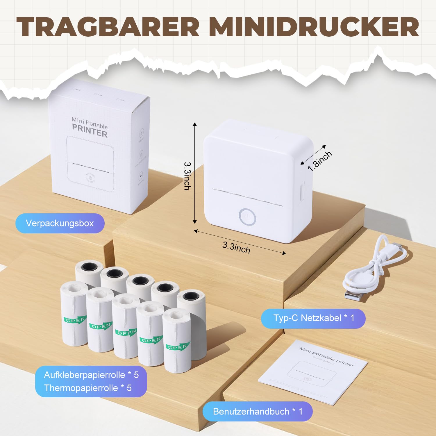 Mini imprimante photo portable Bluetooth avec 10 rouleaux de papier thermique, compatible iOS Android (blanc)